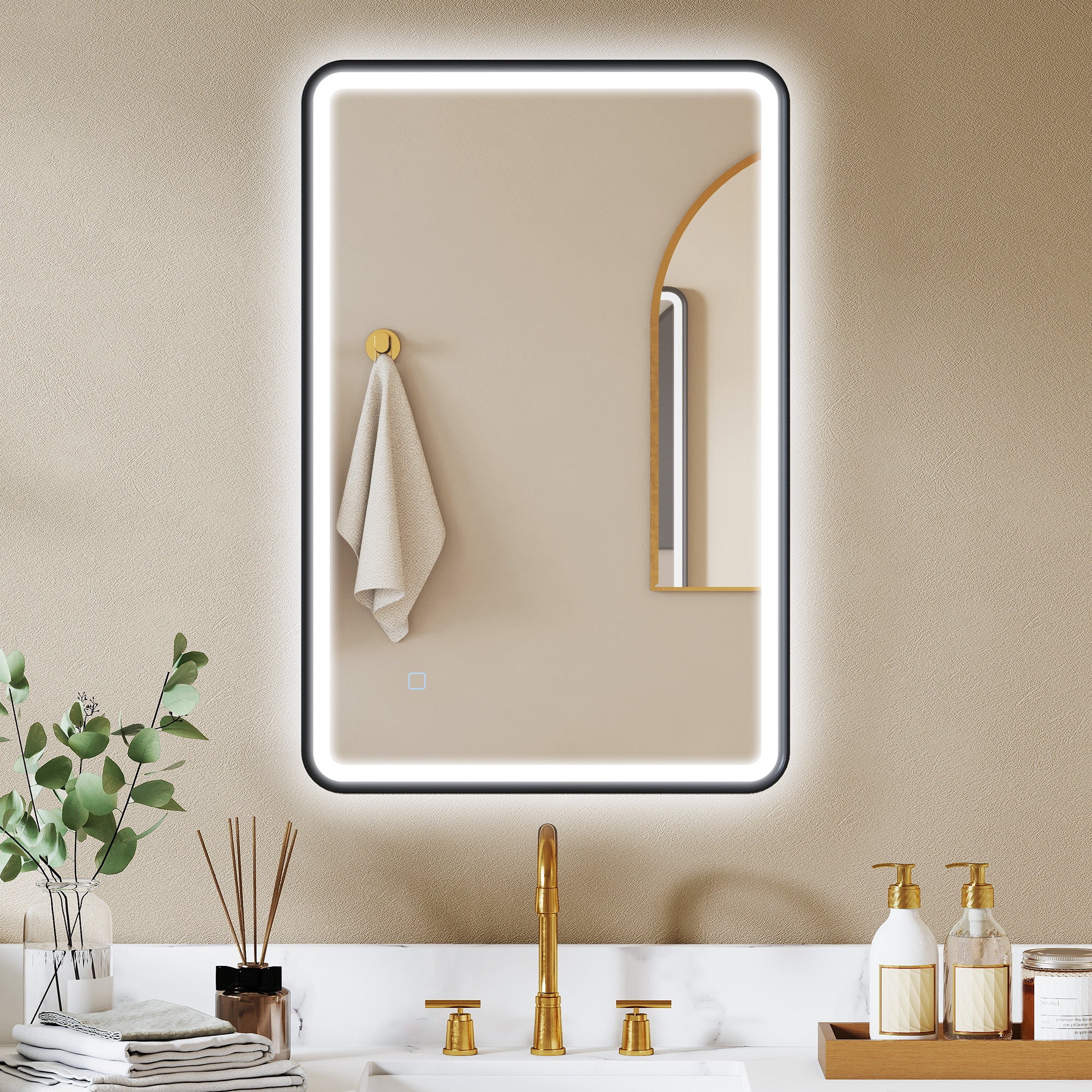 Lustro łazienkowe LED ścienne przeciwmgielne 90x60 cm czarne ściemniane 3 kolory do wilgotnych pomieszczeń