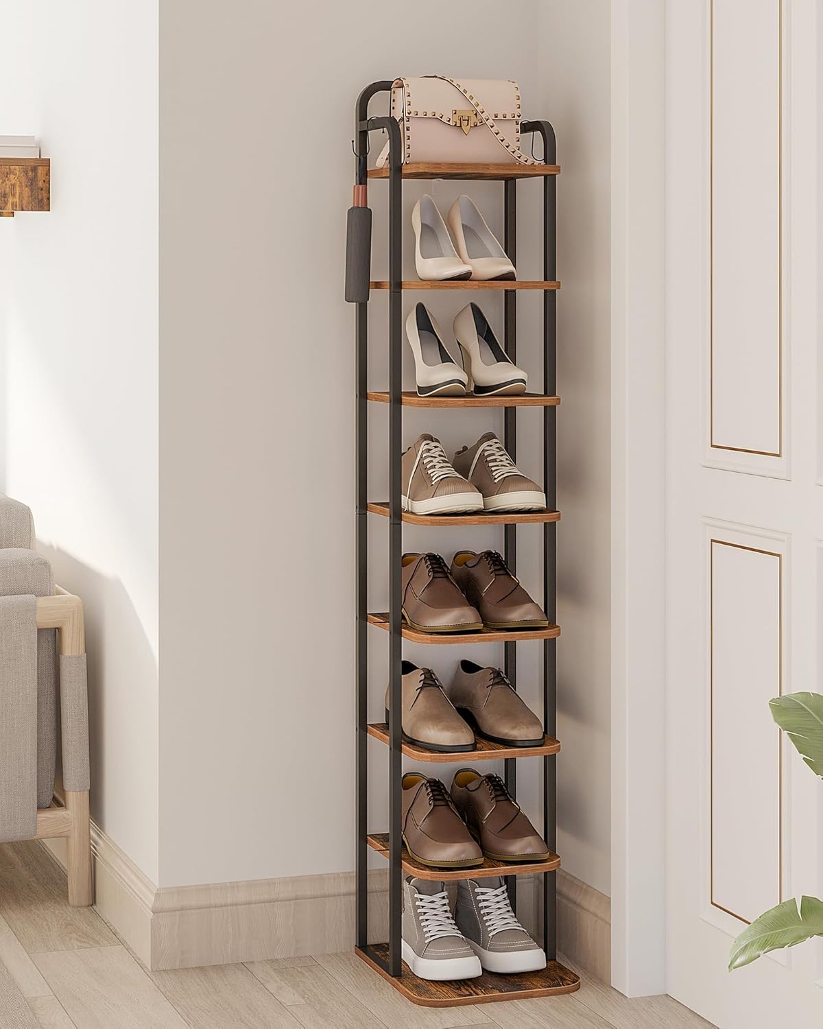 Pionowy Regał Na Buty, Wieża Na Buty Do Małych Pomieszczeń, Wolnostojąca, Regulowana, Zajmuje Mało Miejsca, 8-Poziomowy, Brązowy I Czarny