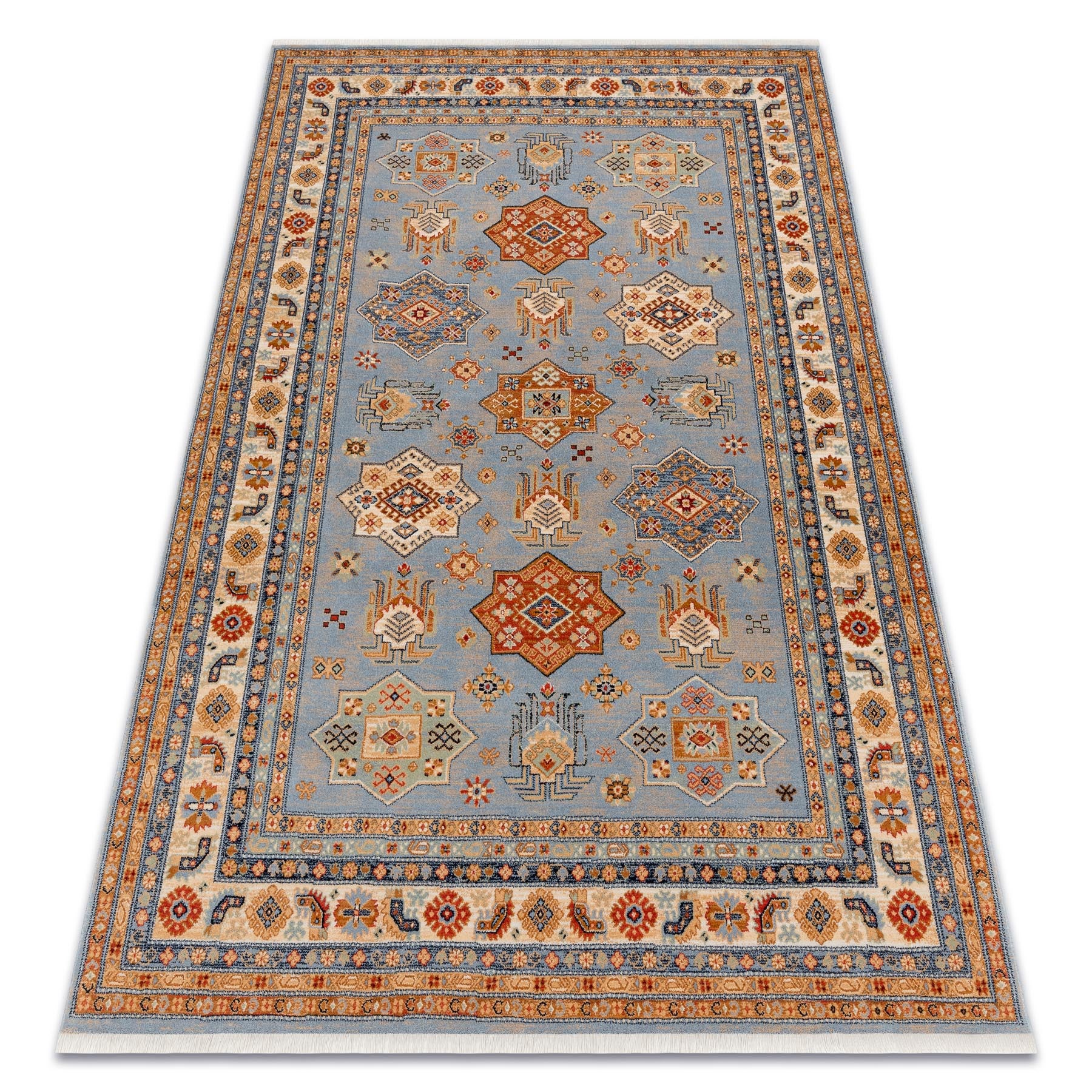 Dywan wełniany KESHAN Frędzle, Ramka orientalny 7683/53544 beż / niebieski 200x290 cm