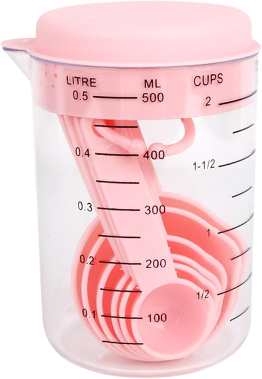 Zestaw 7 plastikowych kubków miarowych i łyżek z przezroczystymi oznaczeniami, pojemność 500 ml, idealny do mąki do pieczenia (różowy)
