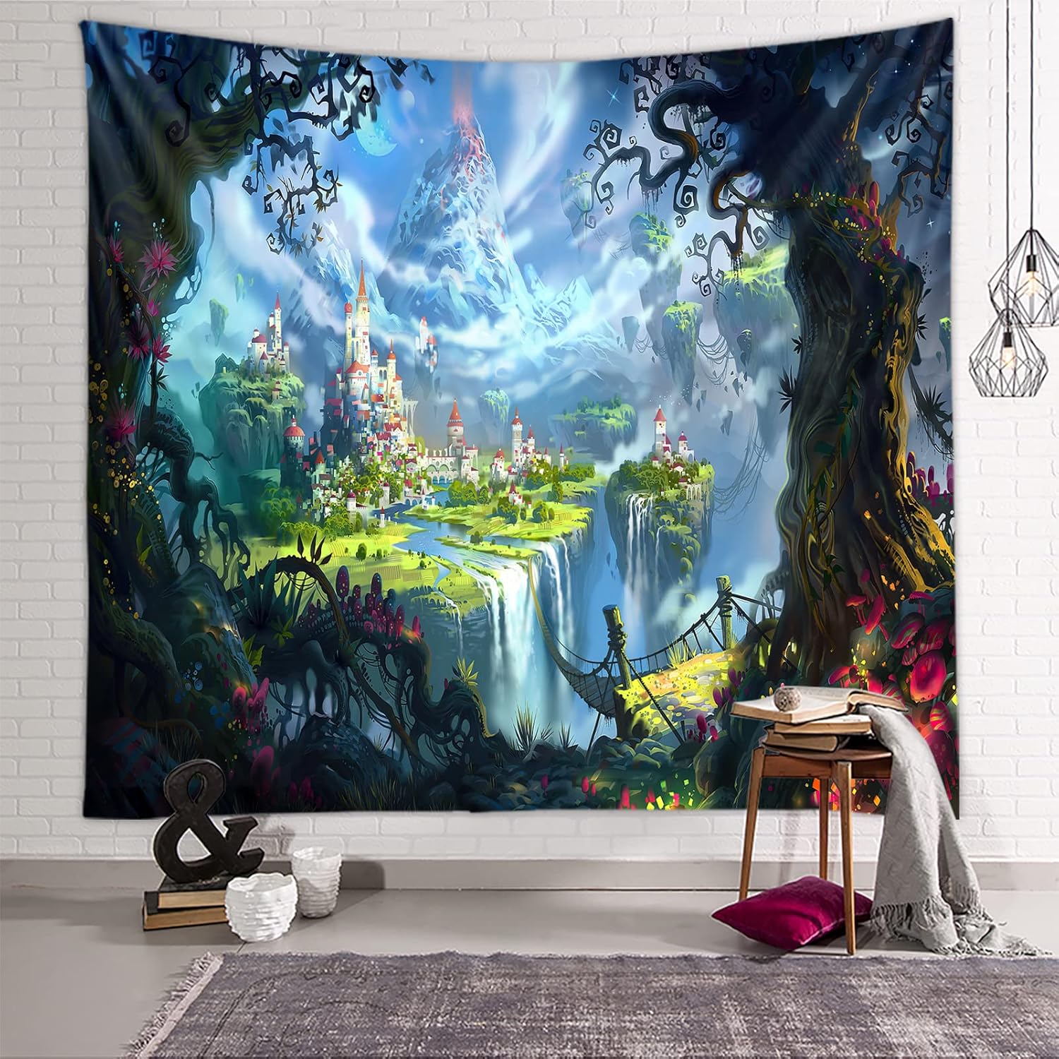Gobelin Leśny Zamek, Psychodeliczna Tapiseria Fantasy, Gobeliny Ścienne z Motywem Wróżek, Hippie Dekoracja, Narzuta na Ścianę