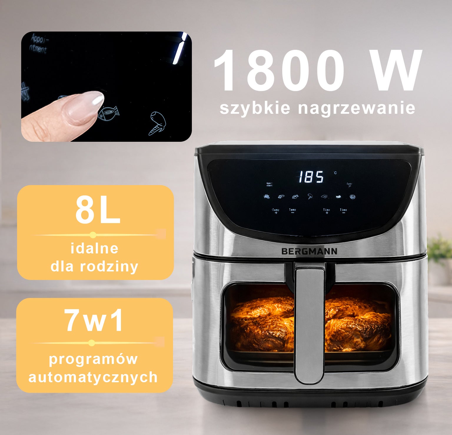 Frytkownica Beztłuszczowa Air Fryer BERGMANN kosz 8L 1800W