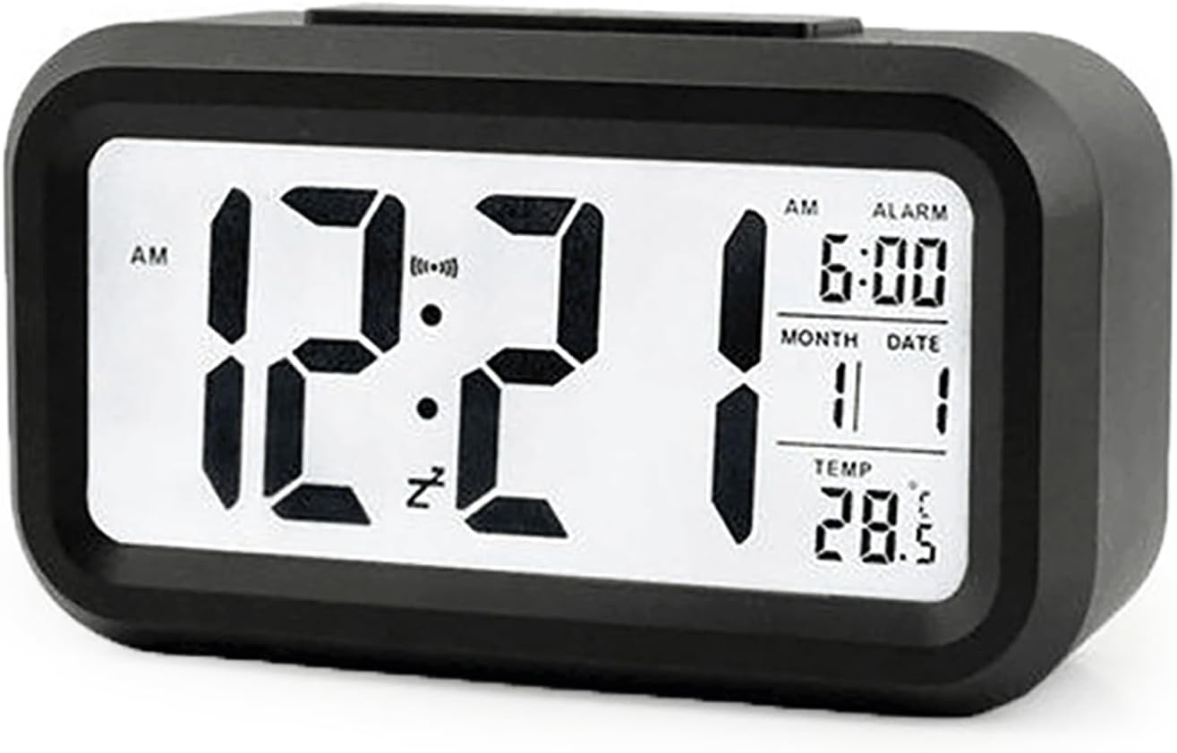 Budzik cyfrowy 12/24-godzinny, zegar nocny z podświetleniem LCD, wyświetlaczem daty, kalendarzem i wyświetlaczem temperatury (czarny)