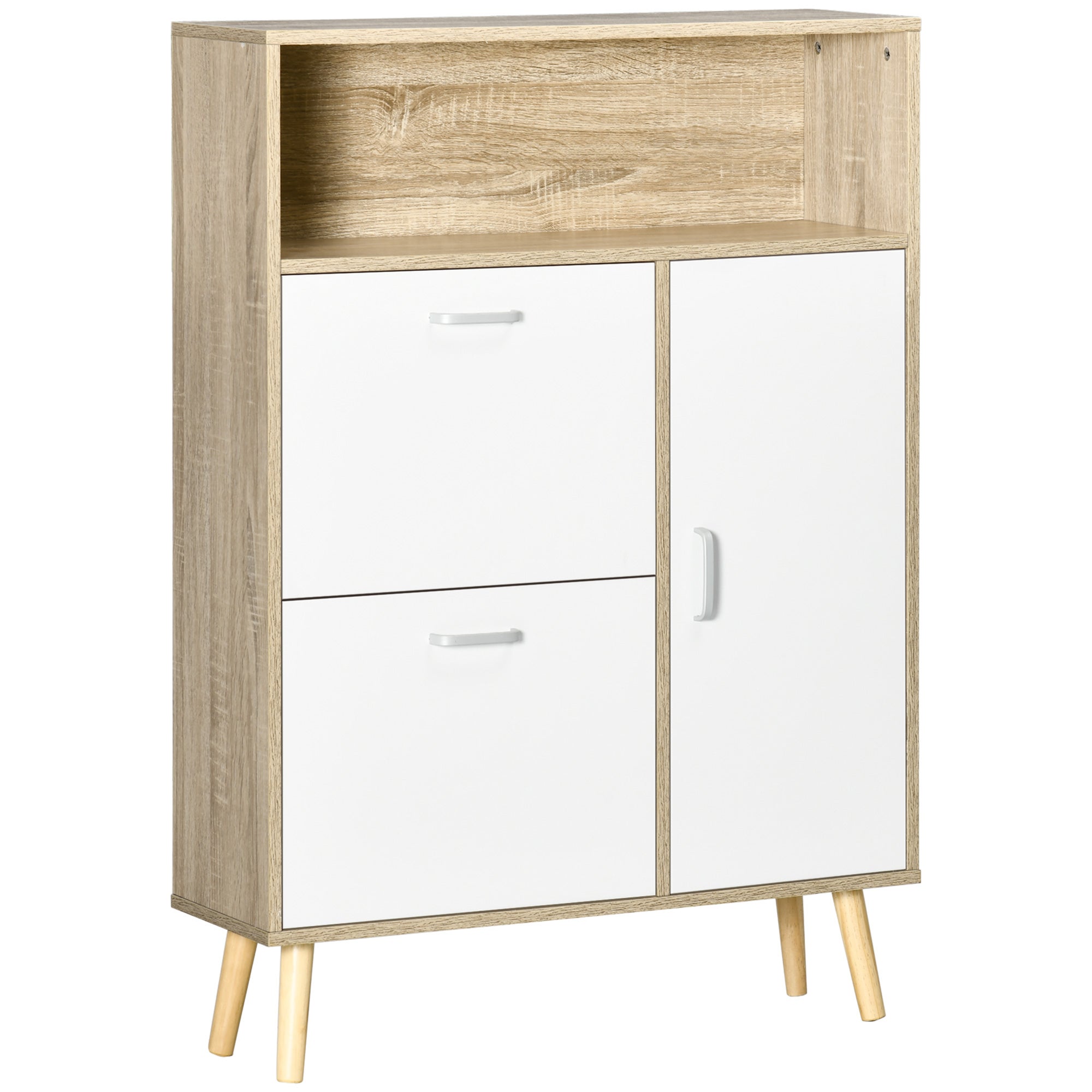 Szafka na buty na 8 par z 2 wysuwanymi szufladami, drążkiem na wieszaki i półką, 80 x 25,5 x 112,5 cm, kolor naturalny i biały