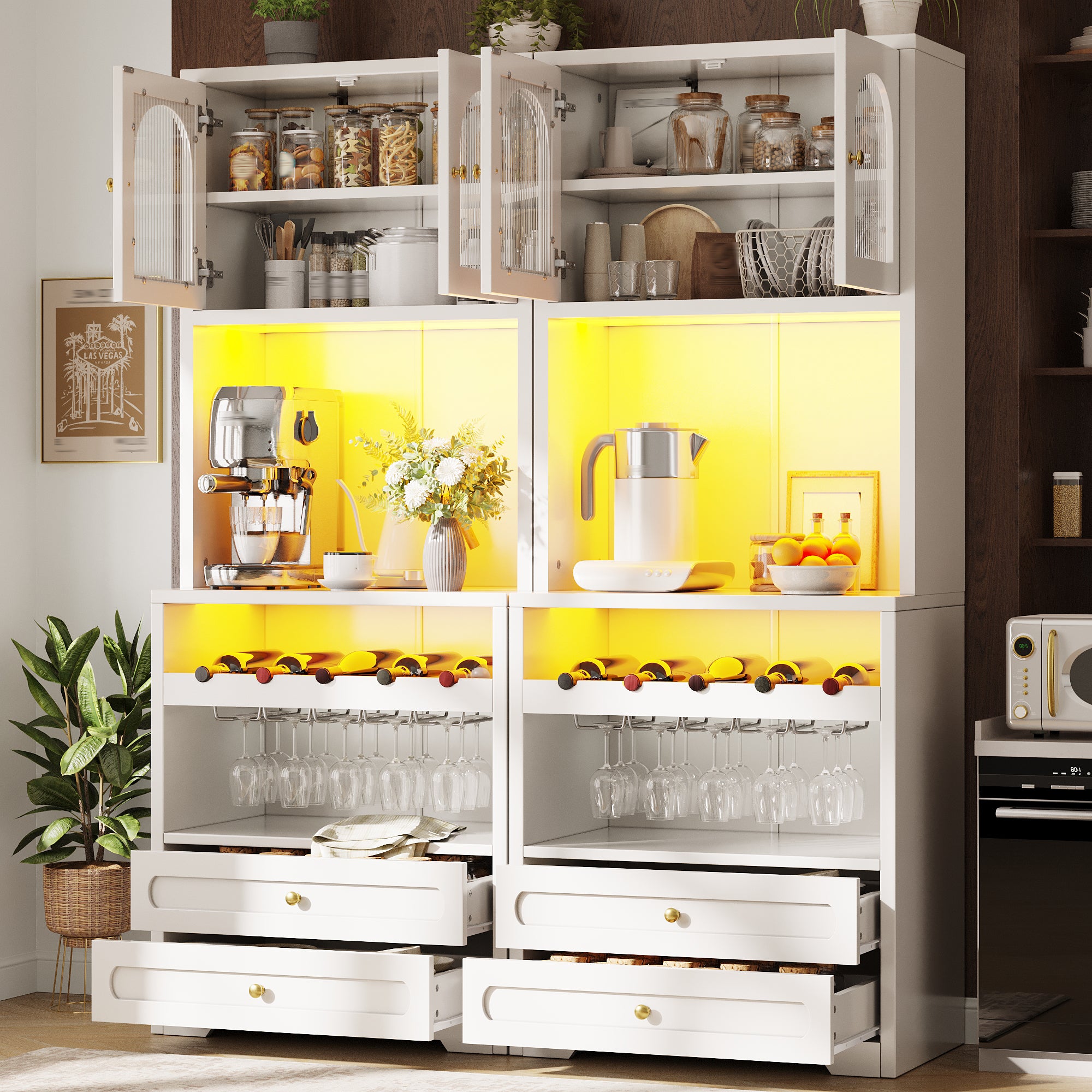 Zestaw 2 bufetów z 4 giętymi szklanymi drzwiami, 4 szufladami, oświetleniem LED i stojakiem na wino – MDF i metal – 140 × 40 × 180 cm – biały