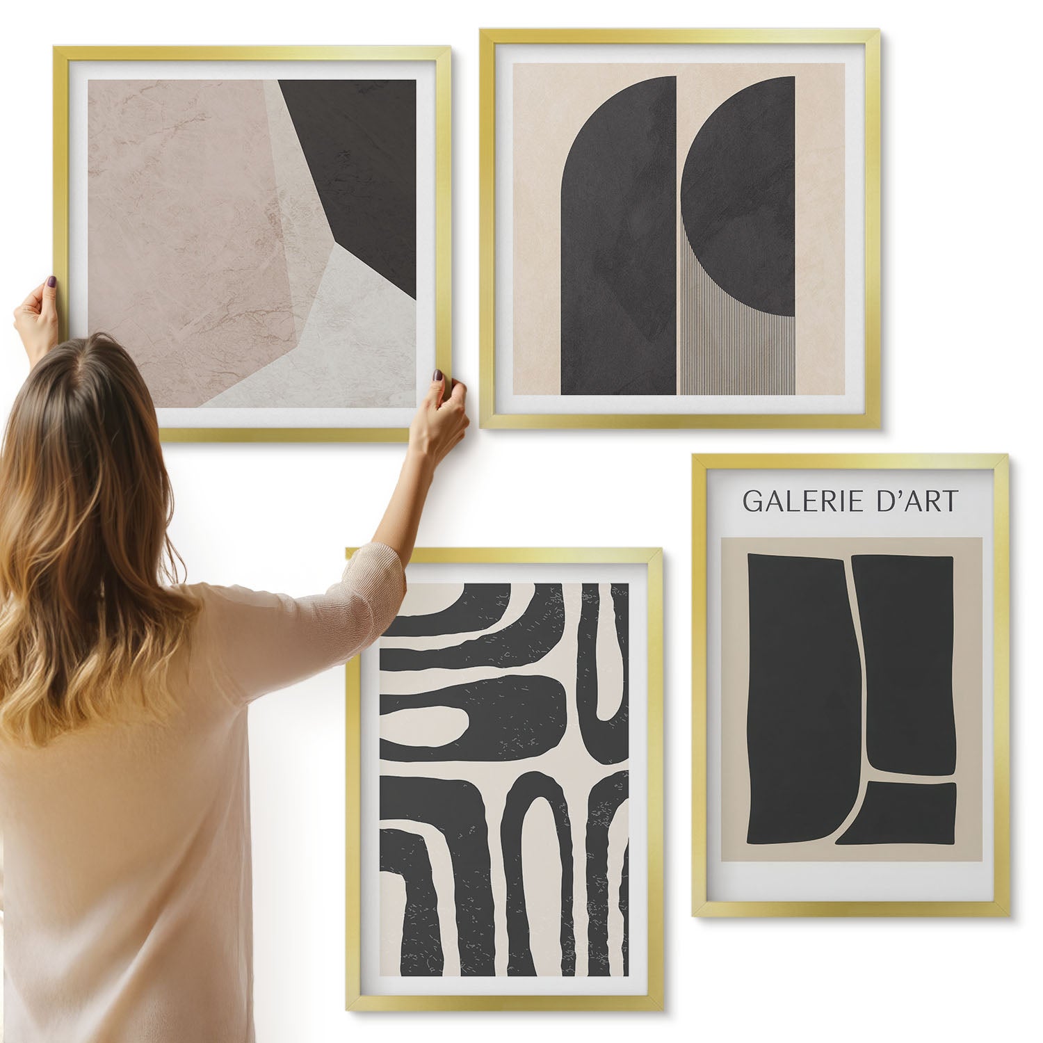 Galeria ścienna 4-częściowy komplet obrazów w złotych ramach - Abstrakcyjne kształty minimalistyczne postery - ArtPrintCave