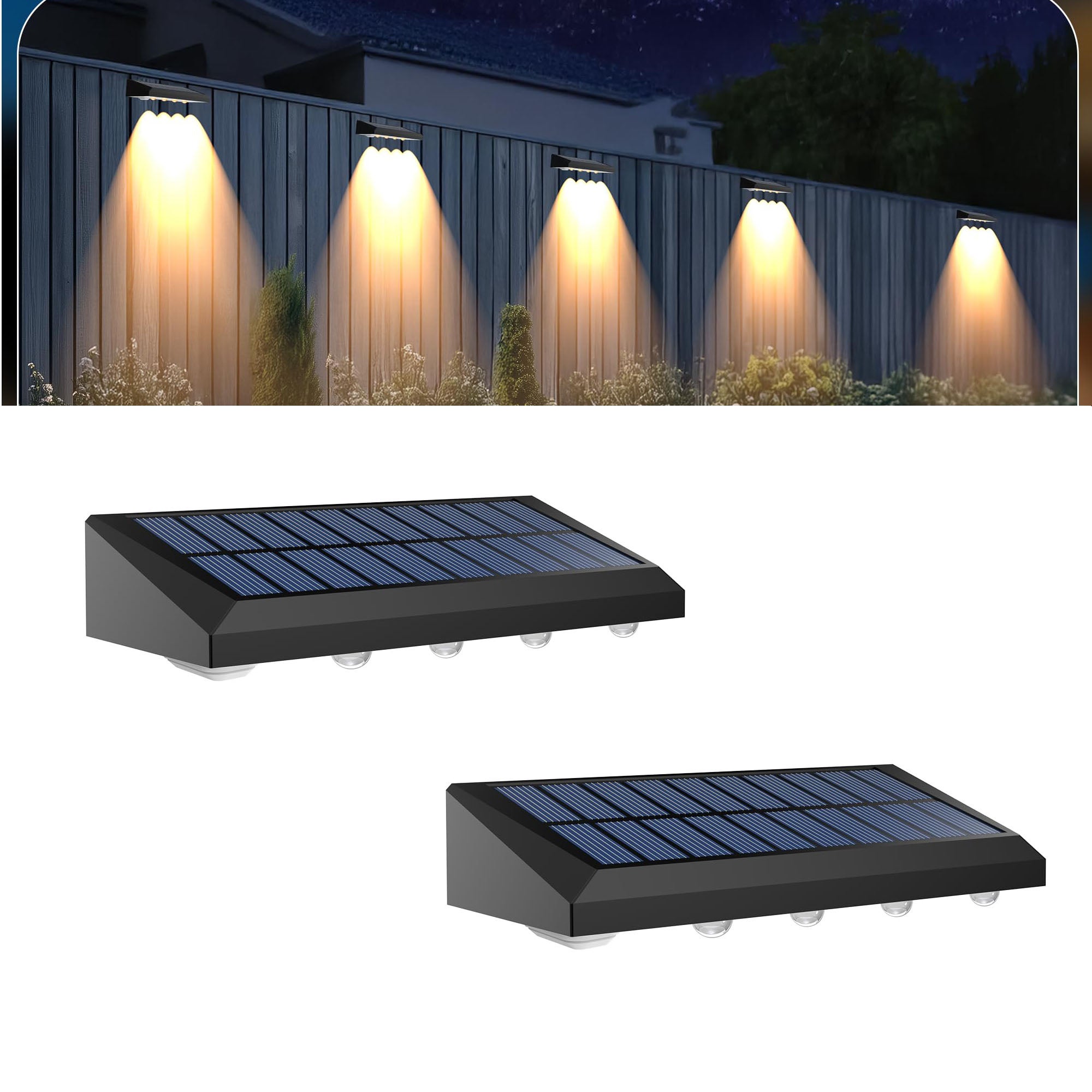 Zestaw 2 zewnętrznych lamp solarnych na ogrodzenie, wodoodporne LED 3000 K, kinkiet solarny na taras, podwórko i do ogrodu