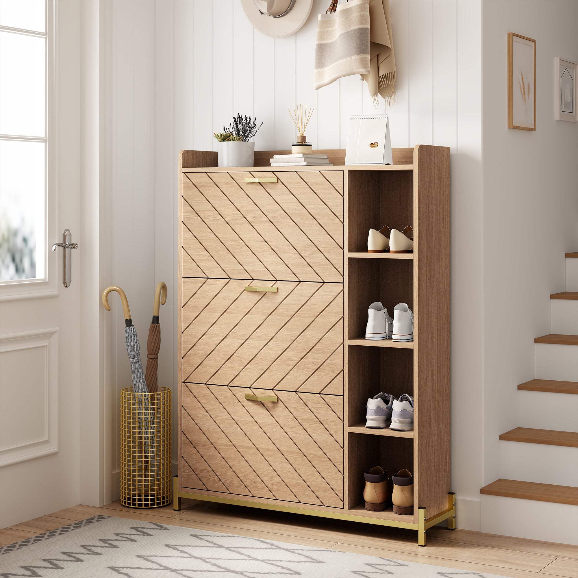 Szafka na buty 90x24x119 cm - Z 3 drzwiami - Otwarte półki boczne - Wykończenie dębowe - MDF + Metal - Naturalny