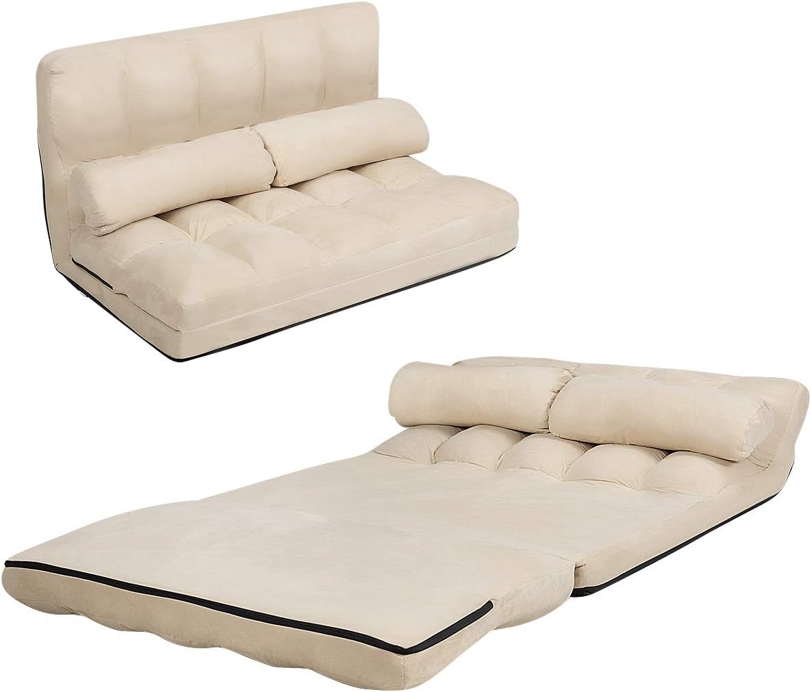 Regulowana sofa, składana sofa rozkładana z 6 pozycjami i pokrowcem z tkaniny, wytrzymała zamszowa, 2 poduszki, maksymalne obciążenie 150 kg (beżowa)