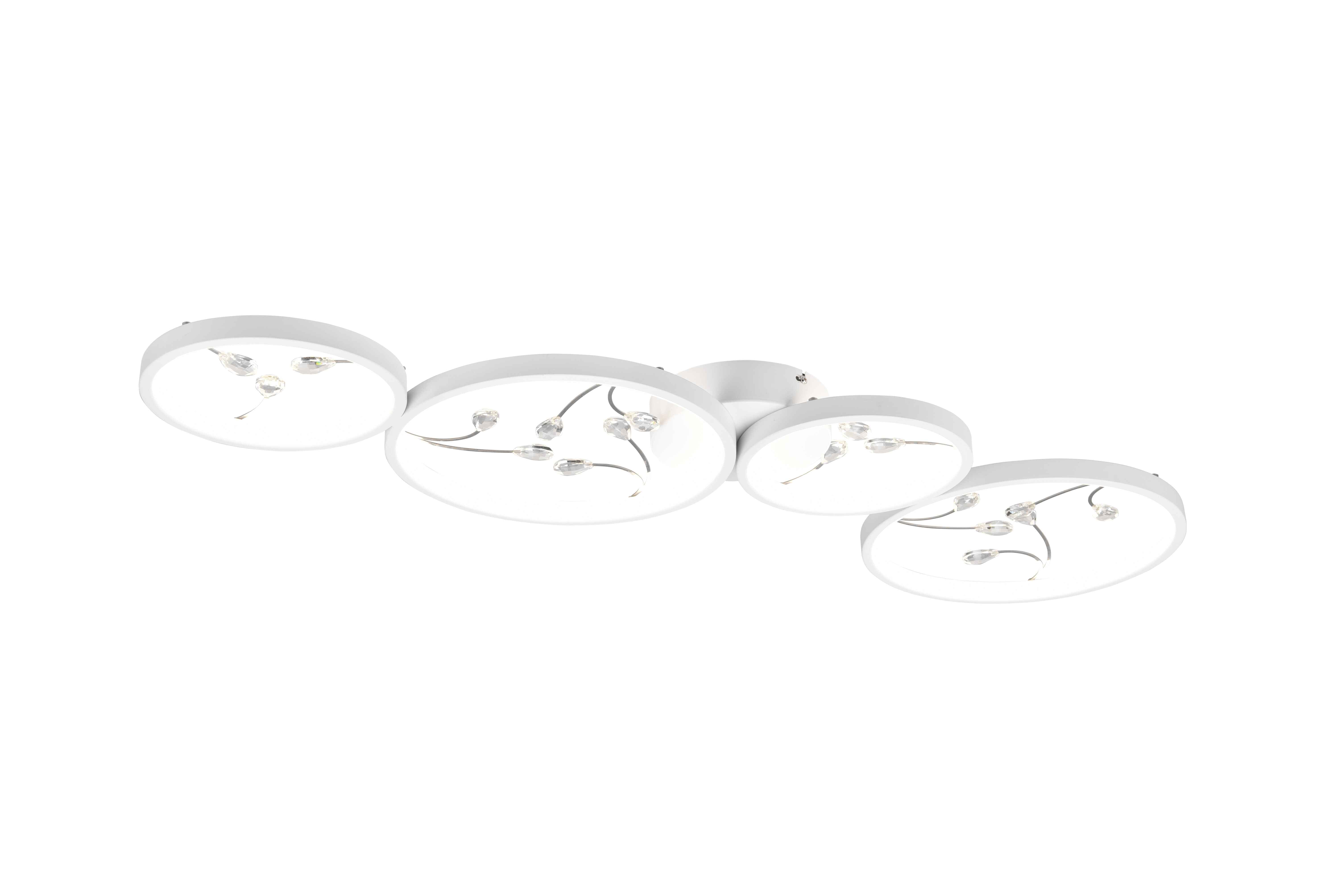 Efektowna lampa sufitowa LED z 4 kółkami i dekoracjami, metalowa, biała, długość 96 cm