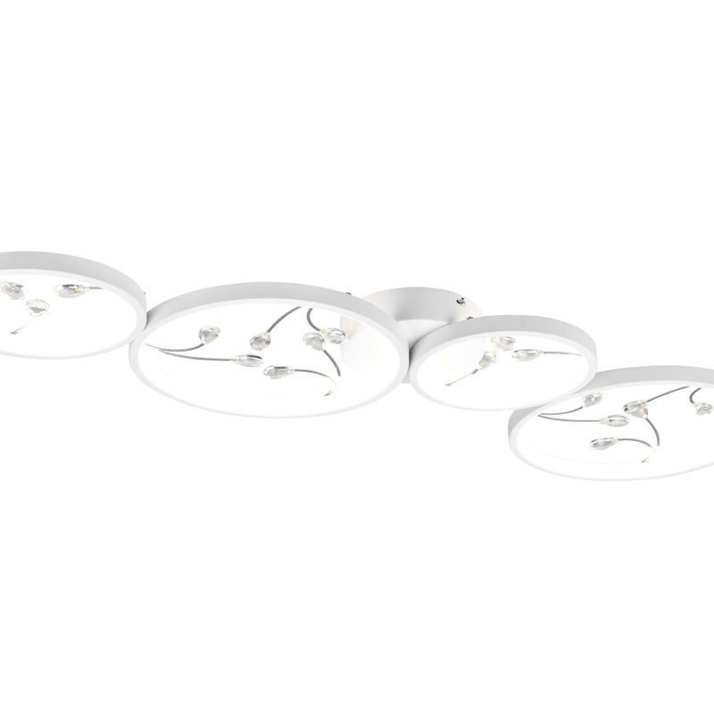 Efektowna lampa sufitowa LED z 4 kółkami i dekoracjami, metalowa, biała, długość 96 cm