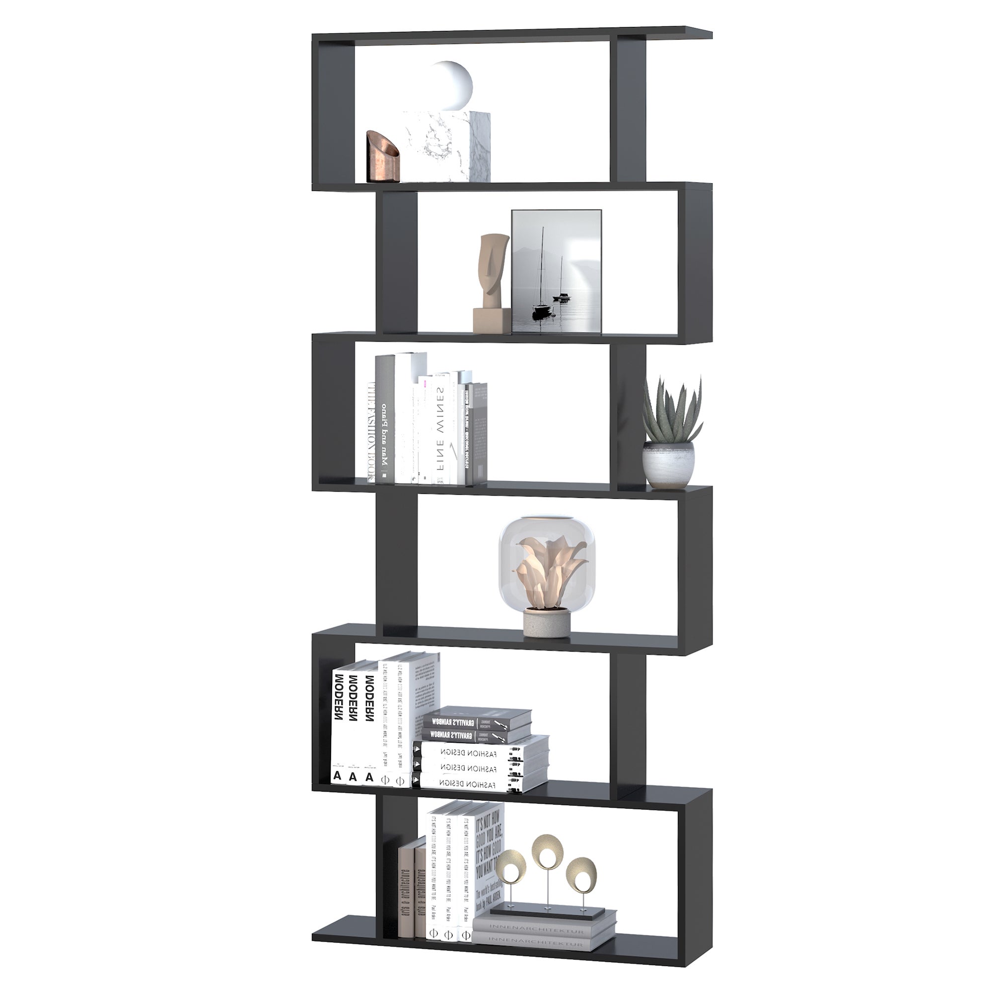 Nowoczesny regał na książki Zig Zag Design 80L x 23W x 192H cm 6 poziomów Czarny