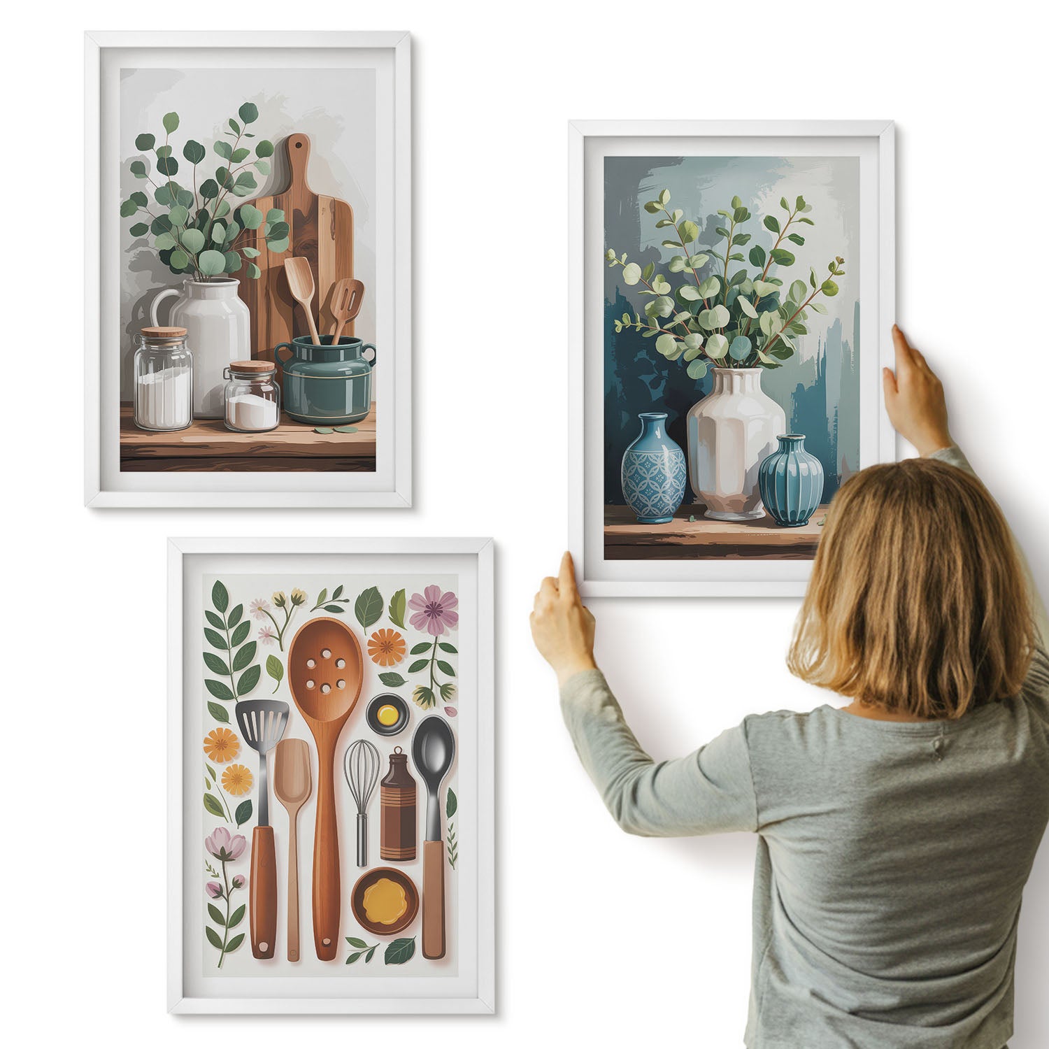Galeria ścienna 3-częściowy komplet obrazów w białych ramach - Kuchenne akcesoria z roślinami w stylu nowoczesnym - ArtPrintCave