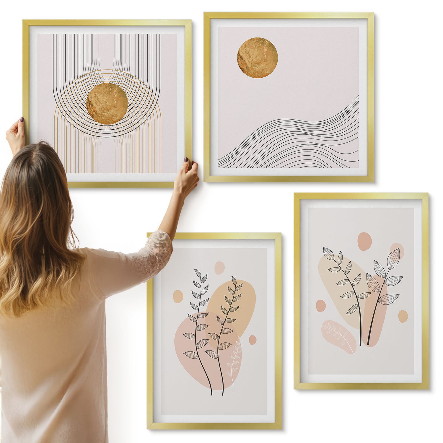 Galeria ścienna 4-częściowy komplet obrazów w złotych ramach - Minimalistyczne rysunki roślinne abstrakcje - ArtPrintCave