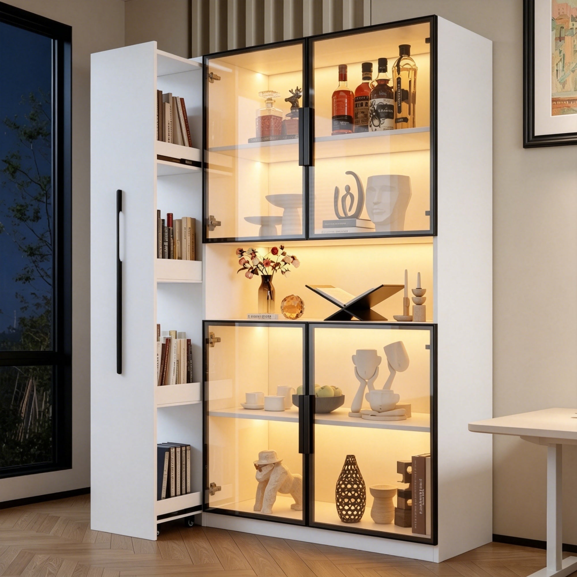 Witryna z oświetleniem LED, 4 drzwiami i przesuwanymi półkami - MDF i szkło - 110 x 35 x 160 cm - biała