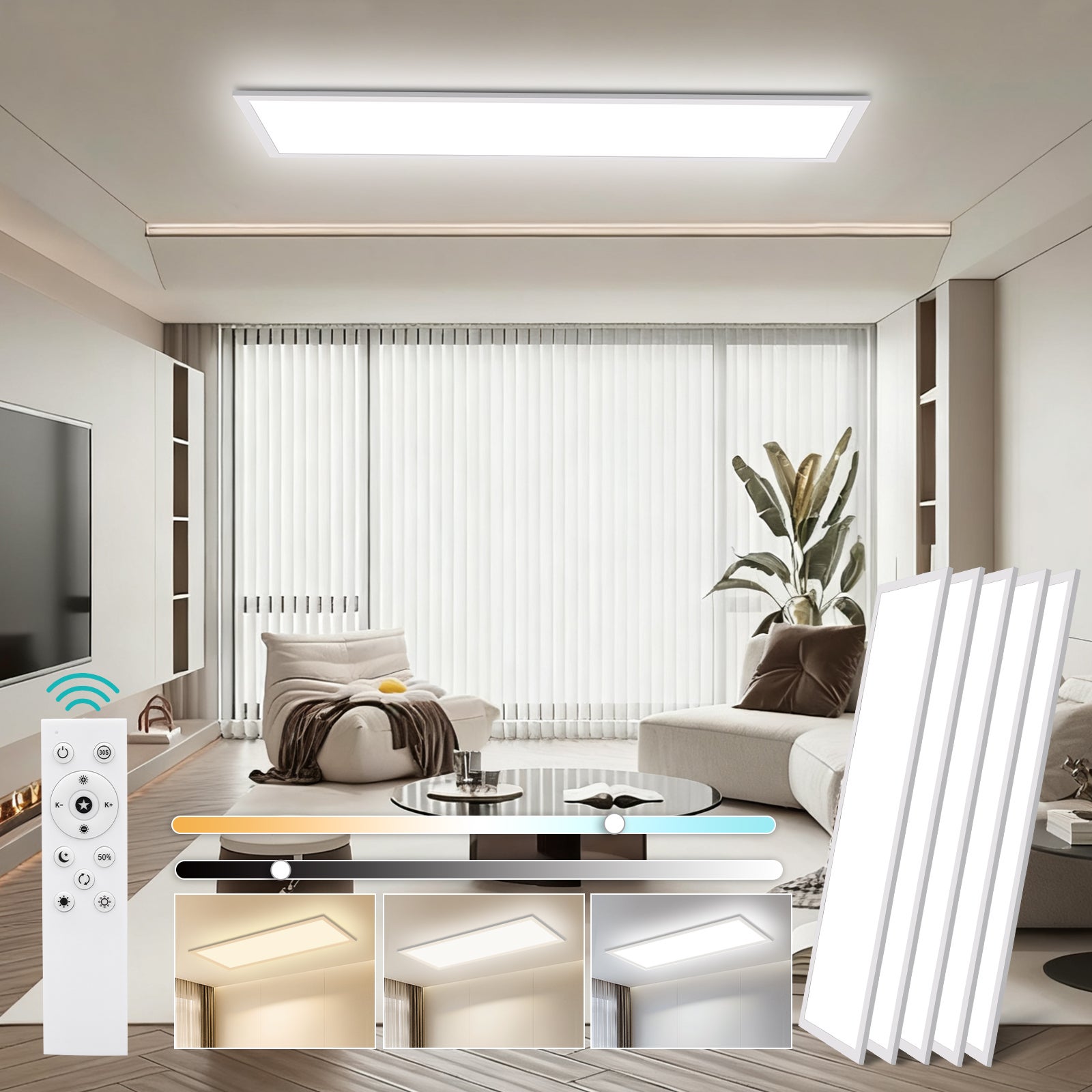 LOVHAUS 5PCS Lampa Sufitowa LED 30W Biała 100x25 cm, Panel LED Sufitowy Prostokątny Nowoczesny Ściemniający do Salonu, Biura, Kuchni z Pilotem