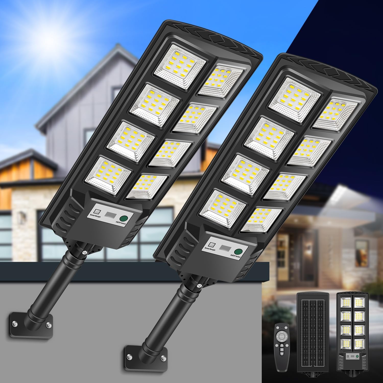 6000K Solarna lampa podłogowa LED do użytku na zewnątrz z panelem słonecznym i czujnikiem ruchu, wodoodporna IP66, solarna lampa ogrodowa z pilotem zd