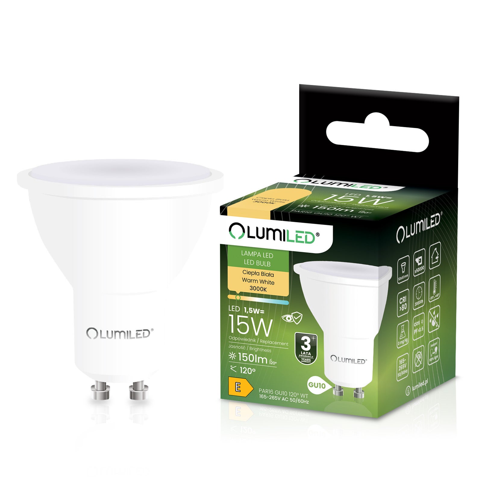 Żarówka LED GU10 Reflektor PAR16 1,5W 150lm 3000K Ciepła biel 120st LUMILED
