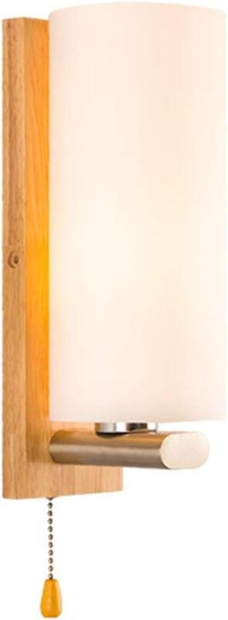 Nowoczesna lampa ścienna z drewna i szkła – białe światło – wymiary: 10 x 28 cm – nadaje się do salonów, sypialni, korytarzy i klatek schodowych.