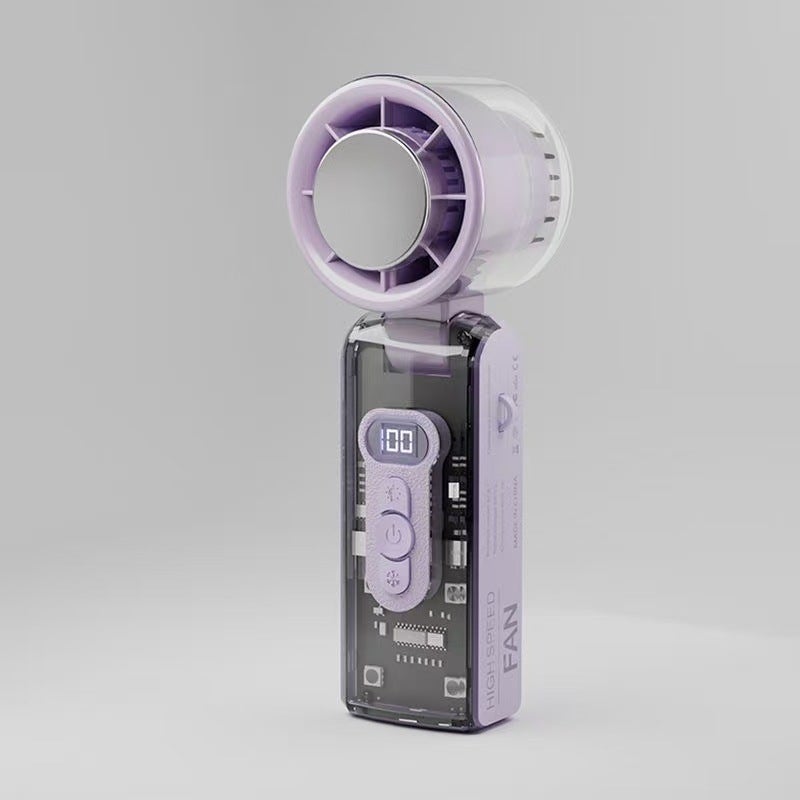 Przenośny wentylator z wbudowanym chłodzeniem, bateria 3600mAh, oświetlenie LED, turbina o dużej prędkości, fioletowa przezroczysta obudowa