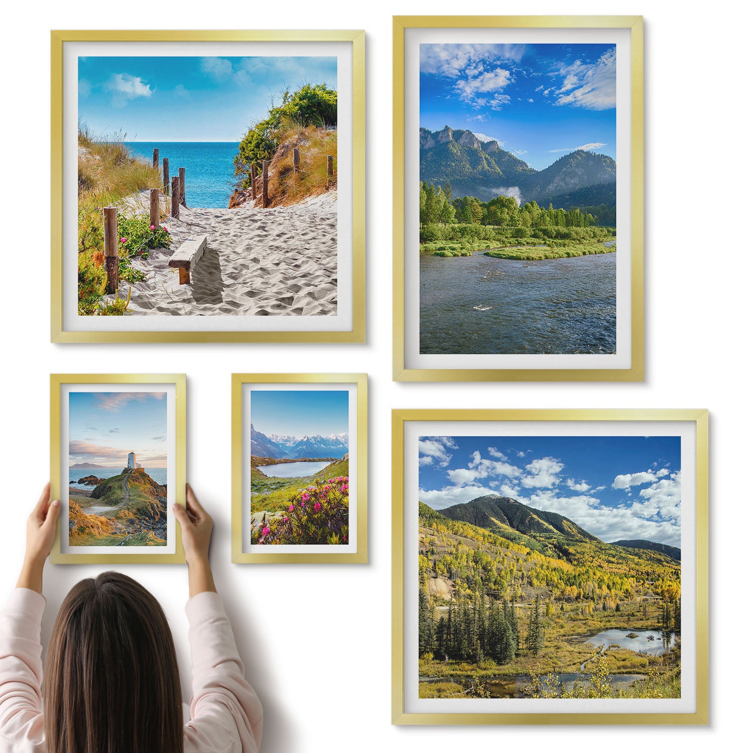 Galeria ścienna 5-częściowy komplet obrazów w złotych ramach - Krajobrazy natury z górskimi widokami i plażami - ArtPrintCave