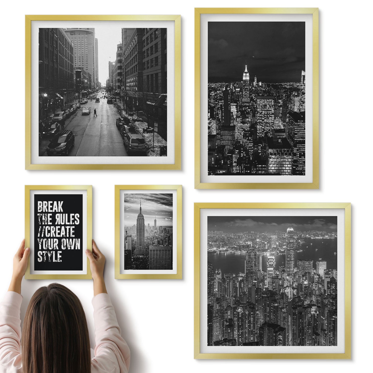 Galeria ścienna 5-częściowy komplet obrazów w złotych ramach - Nowojorskie widoki w czerni i bieli z inspirującymi hasłami - ArtPrintCave