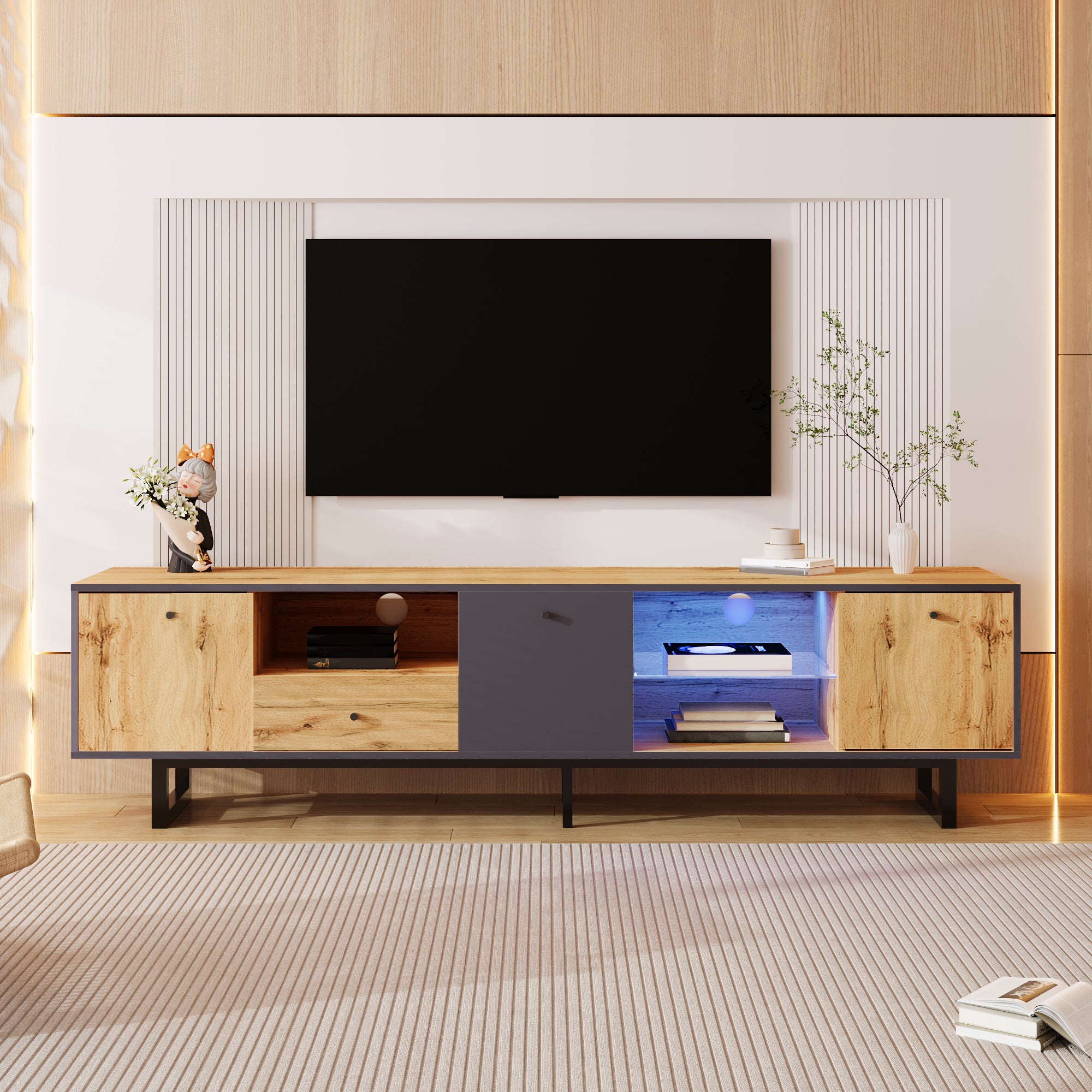 Stół TV do salonu z efektem LED, Przewalski, kolor drewniany-anthracyt, 190x40x50 cm