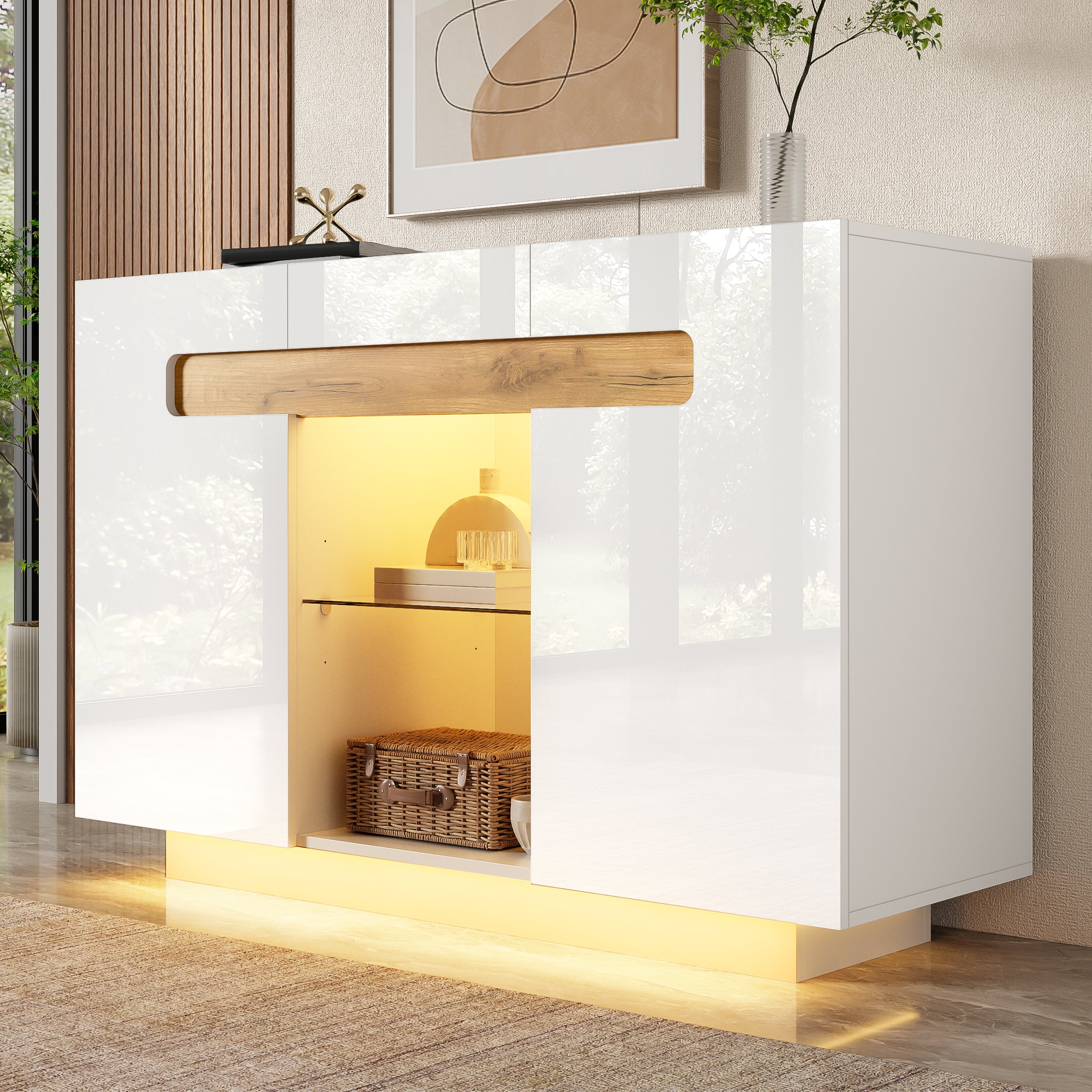 Nowoczesny kredens 120x40x80cm - z 2 drzwiami - z oświetleniem LED - szkło + płyta wiórowa - biały + naturalny