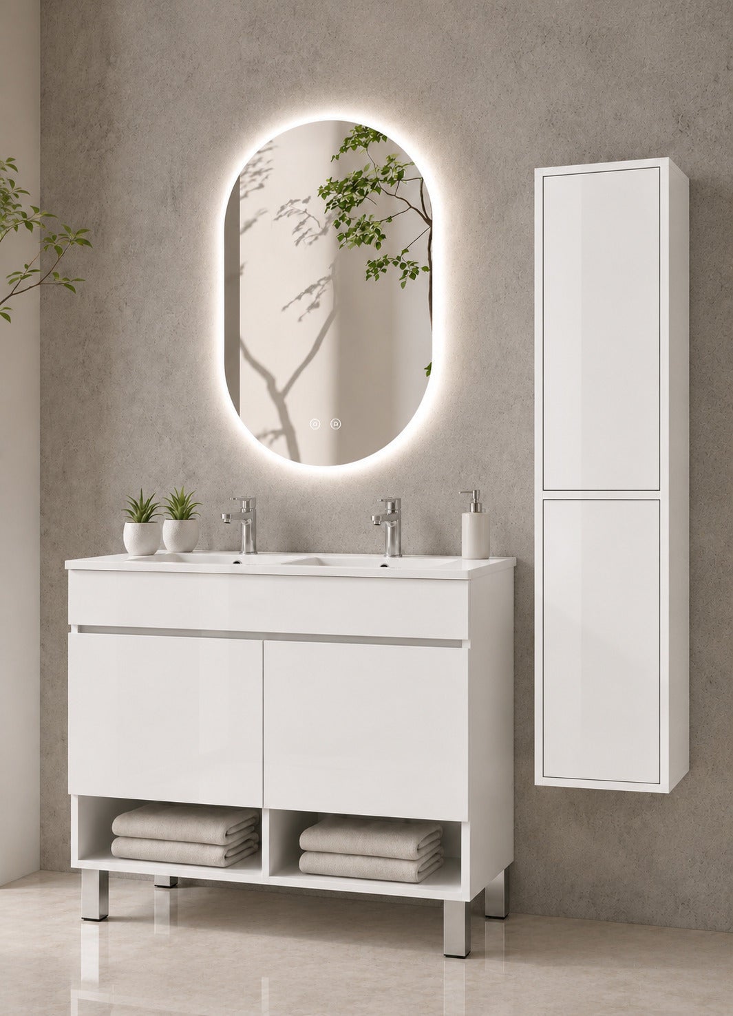 Szafka łazienkowa na nóżkach z umywalką ORIGENBATH NEBARI na nóżkach z drzwiami z kolumną 120x45 cm podwójna umywalka biały z kolumną