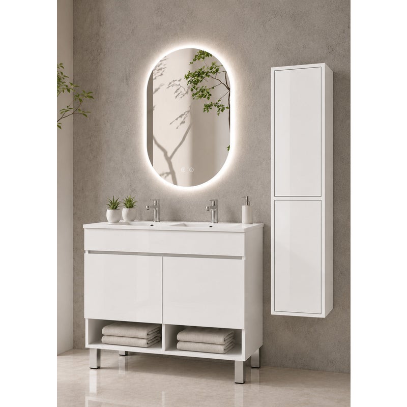 Szafka łazienkowa na nóżkach z umywalką ORIGENBATH NEBARI na nóżkach z drzwiami z kolumną 120x45 cm podwójna umywalka biały z kolumną