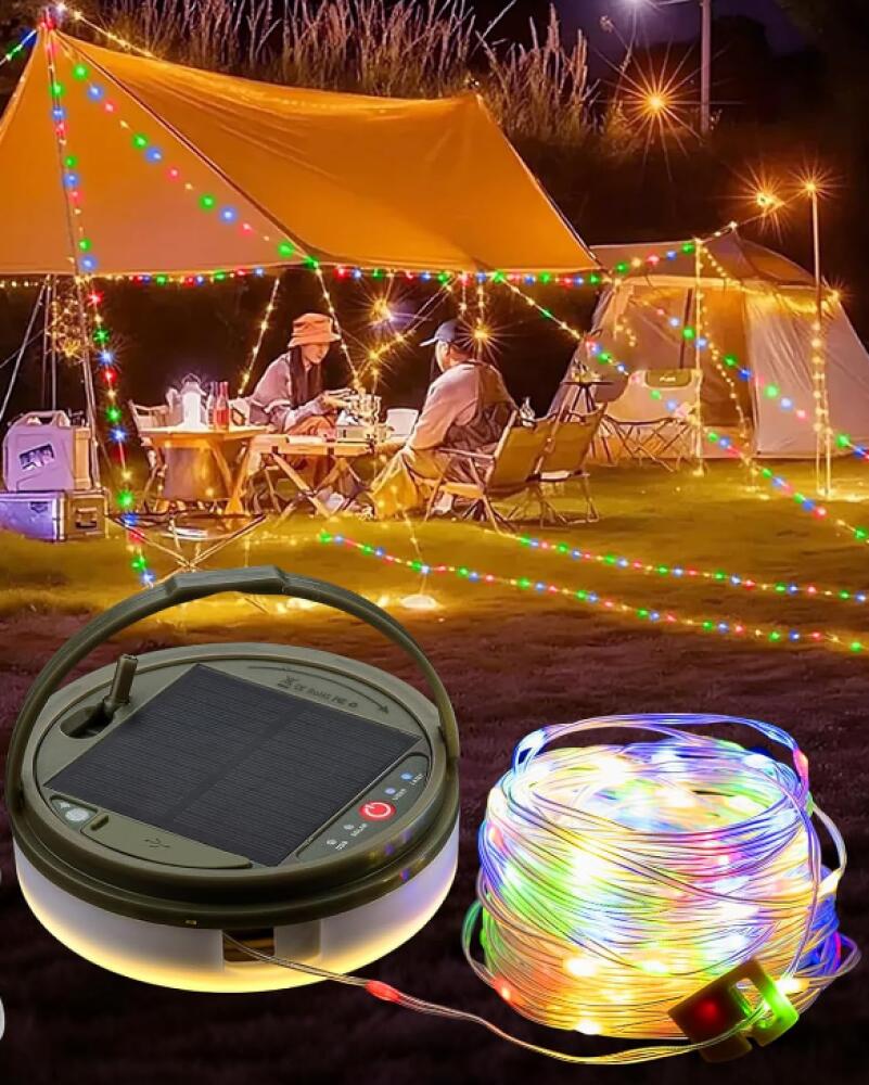 (Wielokolorowe) Lampki ogrodowe na sznurku kempingowym, 12 m/39,37 stopy, 120 diod LED, wodoodporne, solarne, do użytku na kempingu, w domu, na podwór