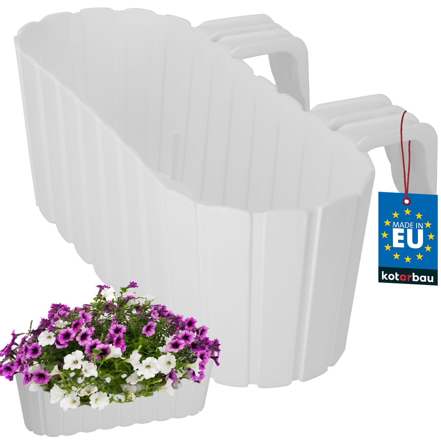 Doniczka Balkonowa na Balustradę - 40 x 15 x 15 cm - Skrzynka Plastikowa na Balkon - Owalna - Rustykalna - Biała KOTARBAU