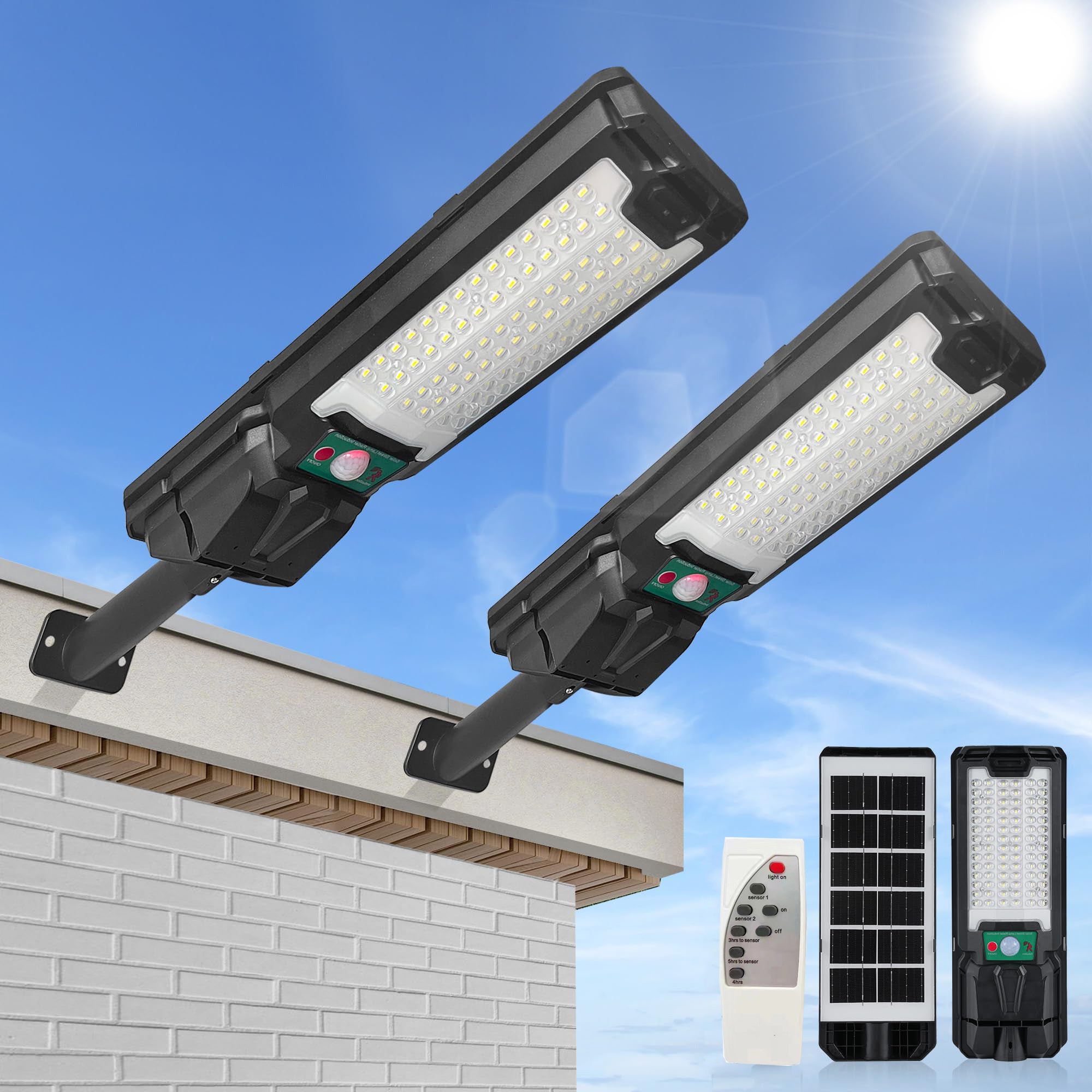 2 zewnętrzne lampy solarne 200 W, wodoodporne, automatyczne włączanie/wyłączanie, oświetlenie ochronne do ogrodu