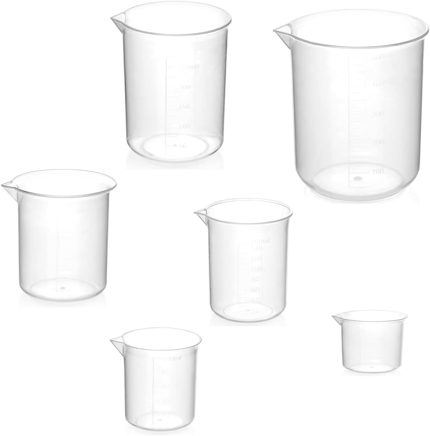 Zestaw 6 plastikowych kubków miarowych (25/50/100/150/250/500 ml) – odporne na ciepło, przezroczyste, do badań laboratoryjnych