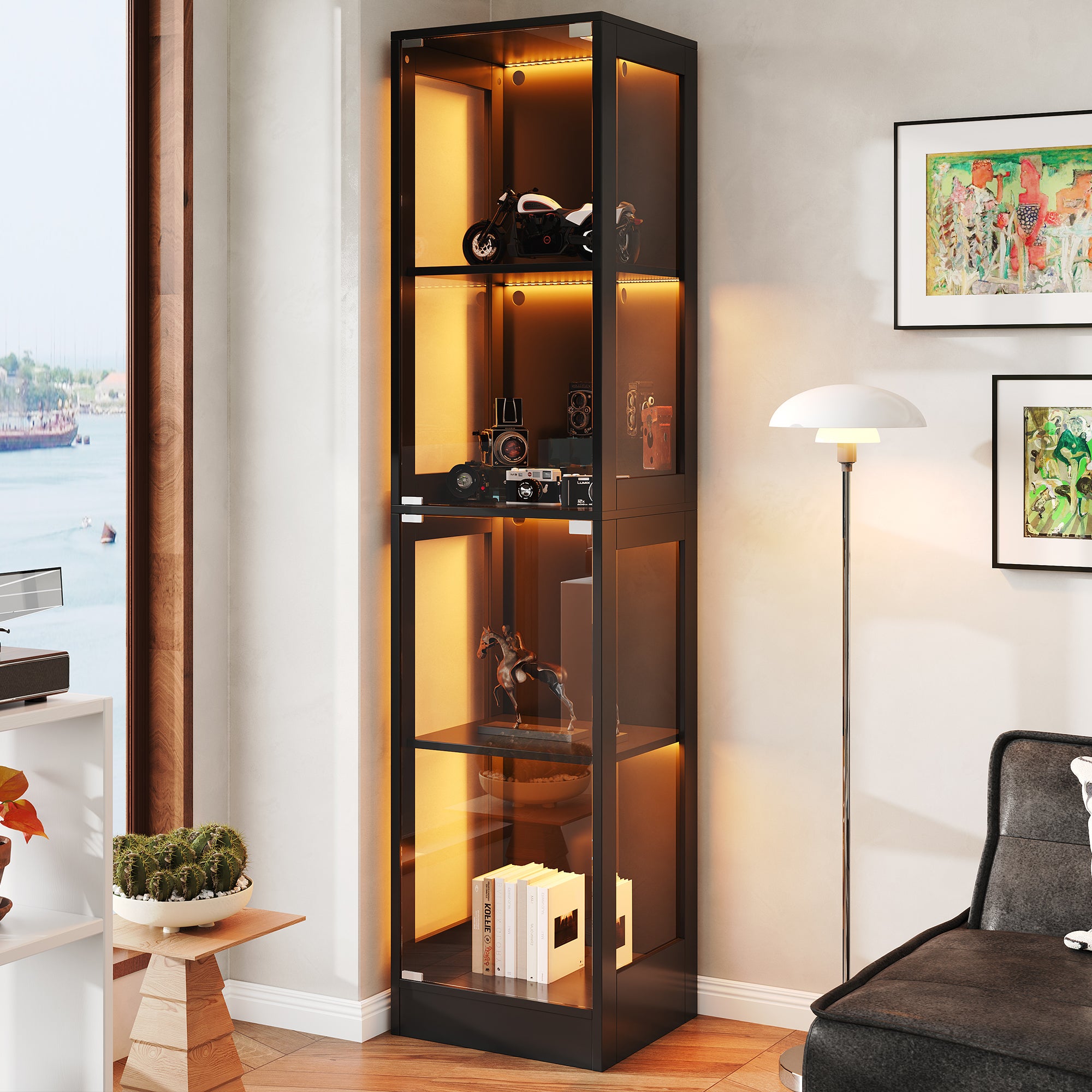Witryna z 2 drzwiami - 40 x 35 x 170 cm - MDF i szkło - LED sterowane za pomocą aplikacji - Czarna