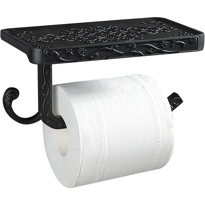 Czarny uchwyt ścienny na papier toaletowy w stylu vintage z półką i haczykiem do łazienki i toalety.