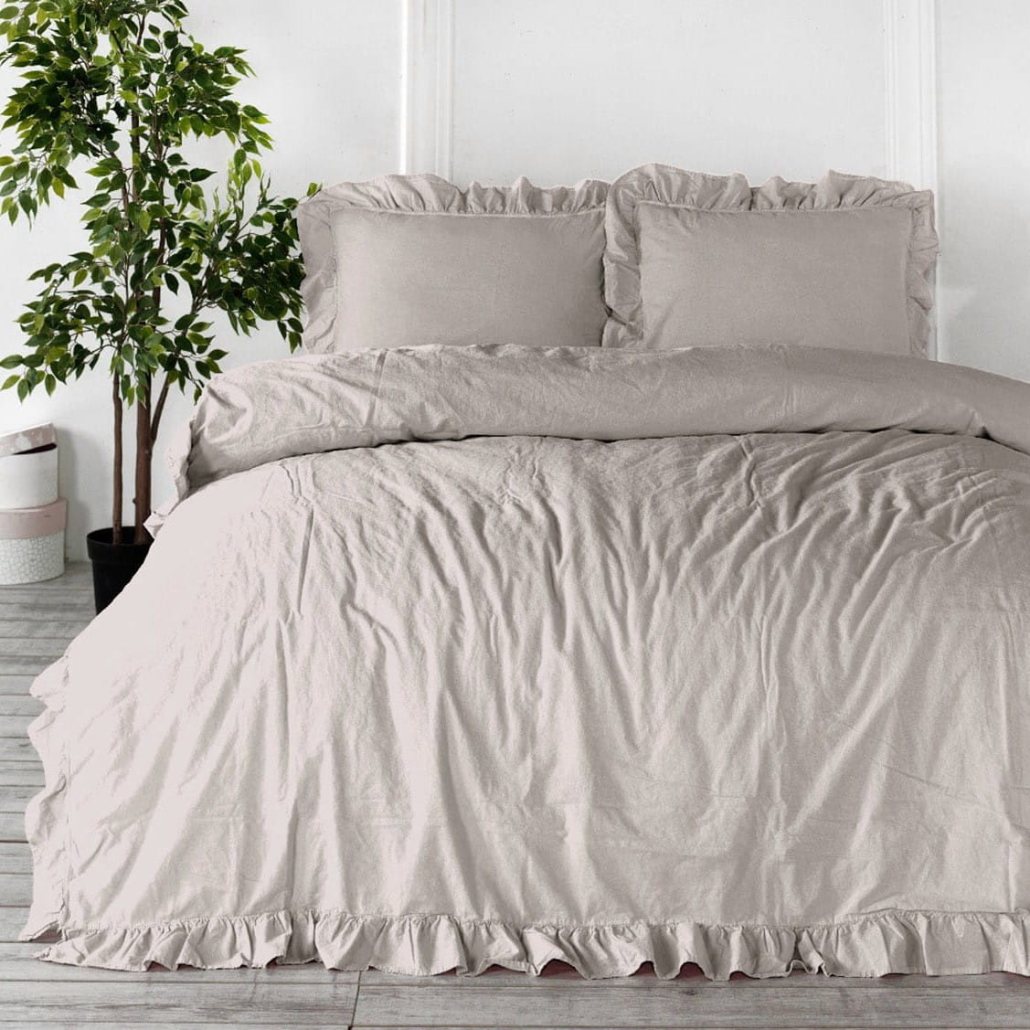 Pościel bawełniana z falbanką 220x200 Stonewashed Exclusive, Natural Cream, kremowa - Limasso