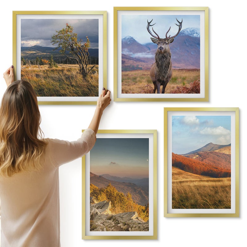 Galeria ścienna 4-częściowy komplet obrazów w złotych ramach - Górskie pejzaże natury góry jeleń trawy polany - ArtPrintCave