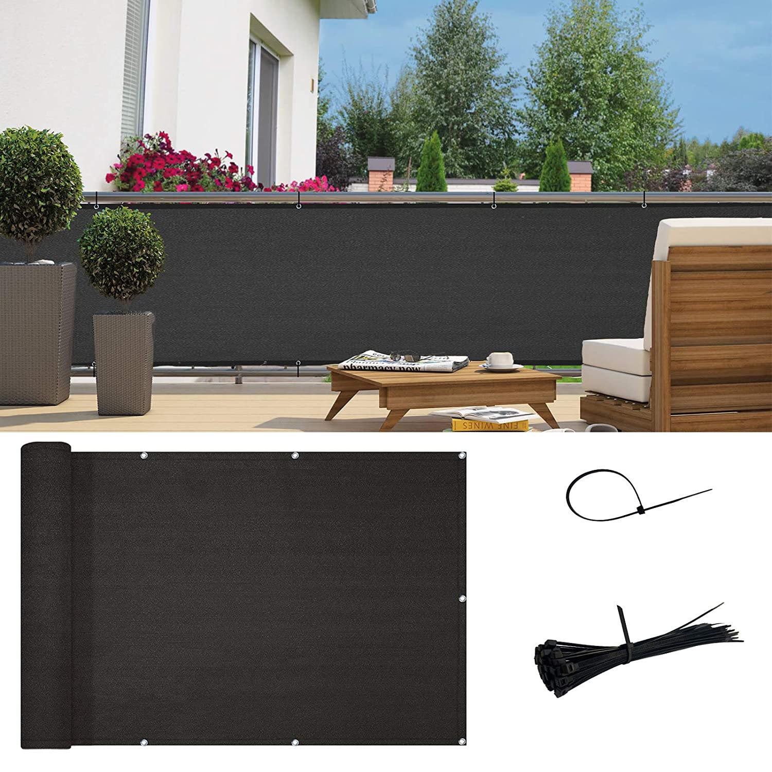 Panel balkonowy, zewnętrzny panel ogrodowy, nieprzezroczysty panel zapewniający prywatność, HDPE, ochrona UV, z kołnierzami, 0,9 x 3 m, czarny