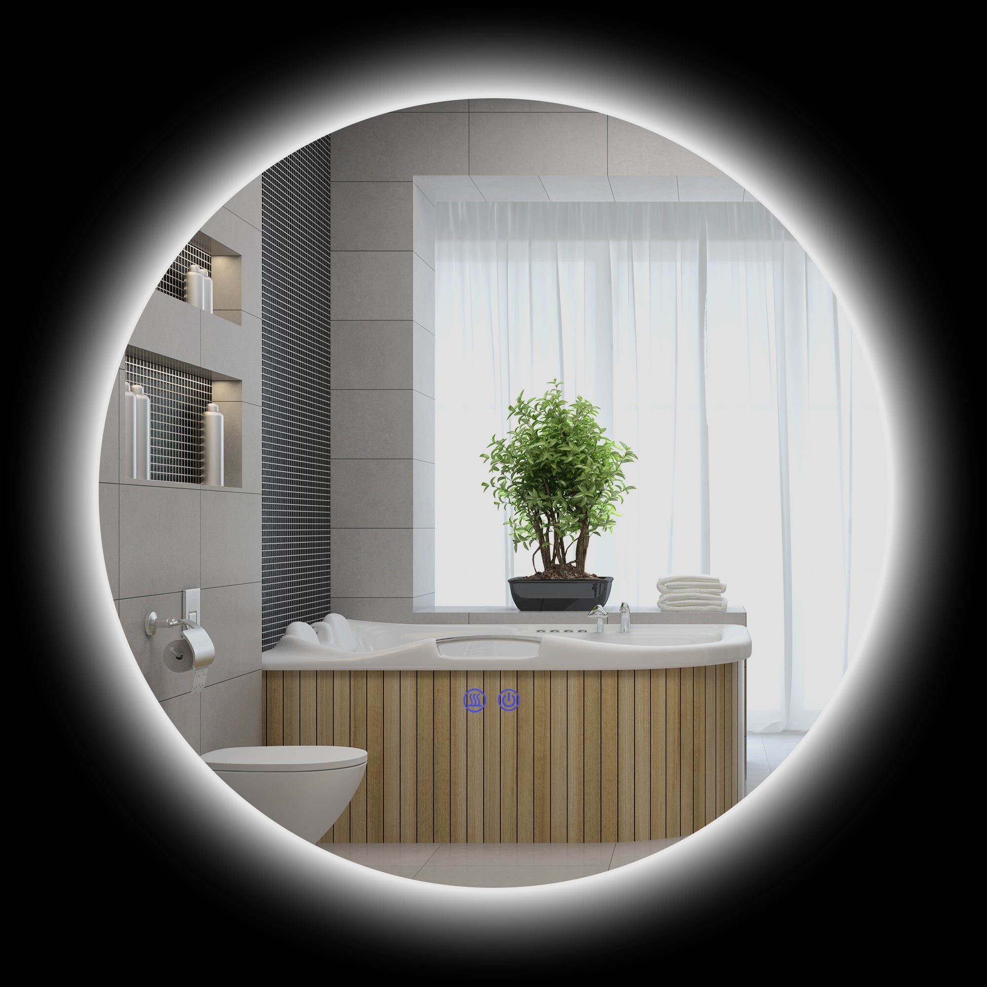 Okrągłe lustro łazienkowe podświetlane LED Ø 60 cm, naścienne, z oświetleniem dotykowym, systemem przeciwmgielnym, 29 W, szare