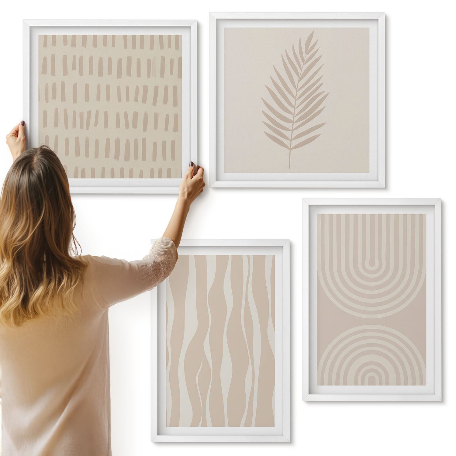 Galeria ścienna 4-częściowy komplet obrazów w białych ramach - Wzory w odcieniach beżu z roślinnymi motywami - ArtPrintCave