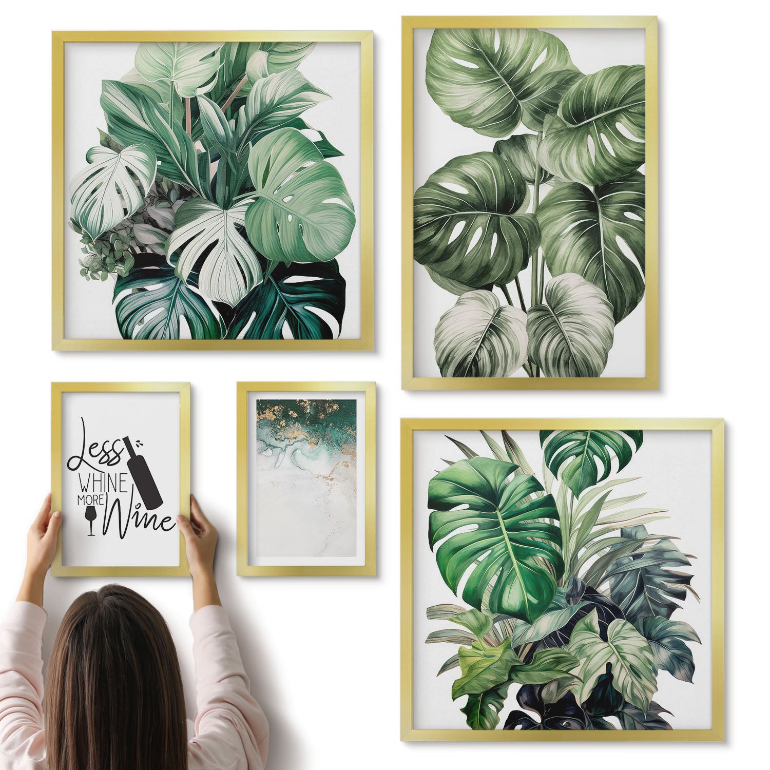 Galeria ścienna 5-częściowy komplet obrazów w złotych ramach - Roślinne motywy z cytatami i abstrakcyjnymi akcentami - ArtPrintCave