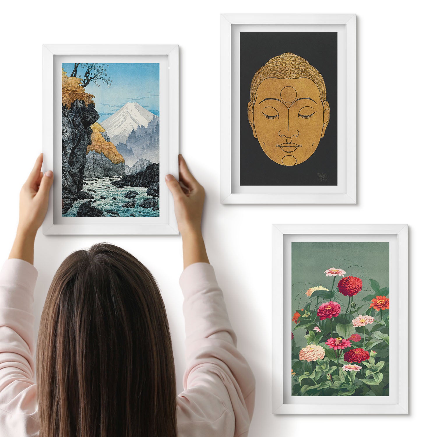 Galeria ścienna 3-częściowy komplet obrazów w białych ramach - Japońska natura i kultura styl japandi - ArtPrintCave