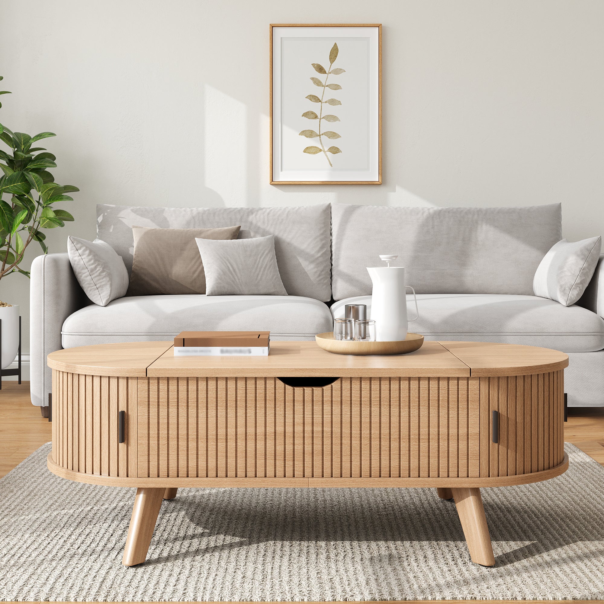 Owalny stolik kawowy z podnoszonym blatem i 2 ryflowanymi, przesuwnymi drzwiczkami – MDF i drewno kauczukowe – 110 x 50 x 53,5 cm – Kolor naturalny