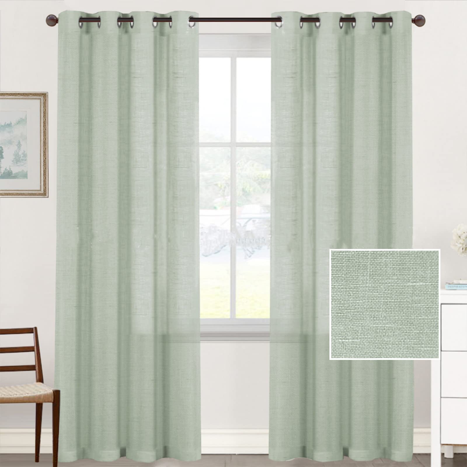 Zielone półprzezroczyste firany z oczkami 2 sztuki 132x241 cm, bez drążka, do salonu, balkonu, sypialni, łazienki