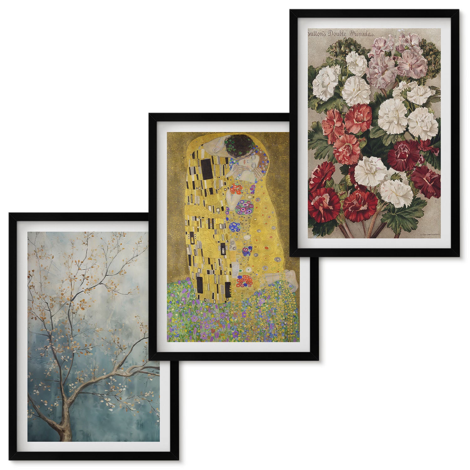 Zestaw obrazów w ramie - 3 części | Kwiaty i drzewa w stylu malarskim Pocałunek Gustav Klimt | Czarna ramka