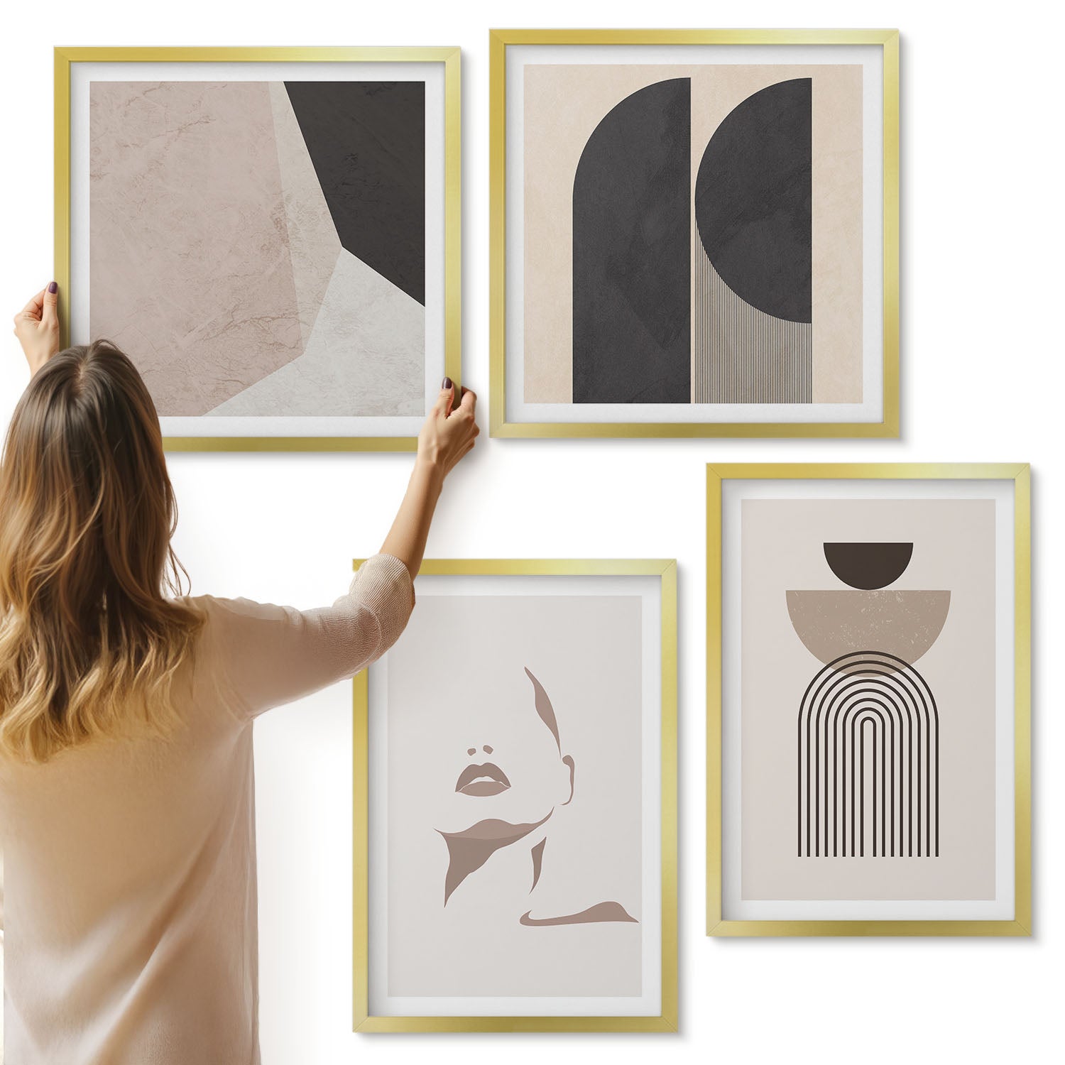 Galeria ścienna 4-częściowy komplet obrazów w złotych ramach - Abstrakcyjne wzory w odcieniach bieli i brązu - ArtPrintCave