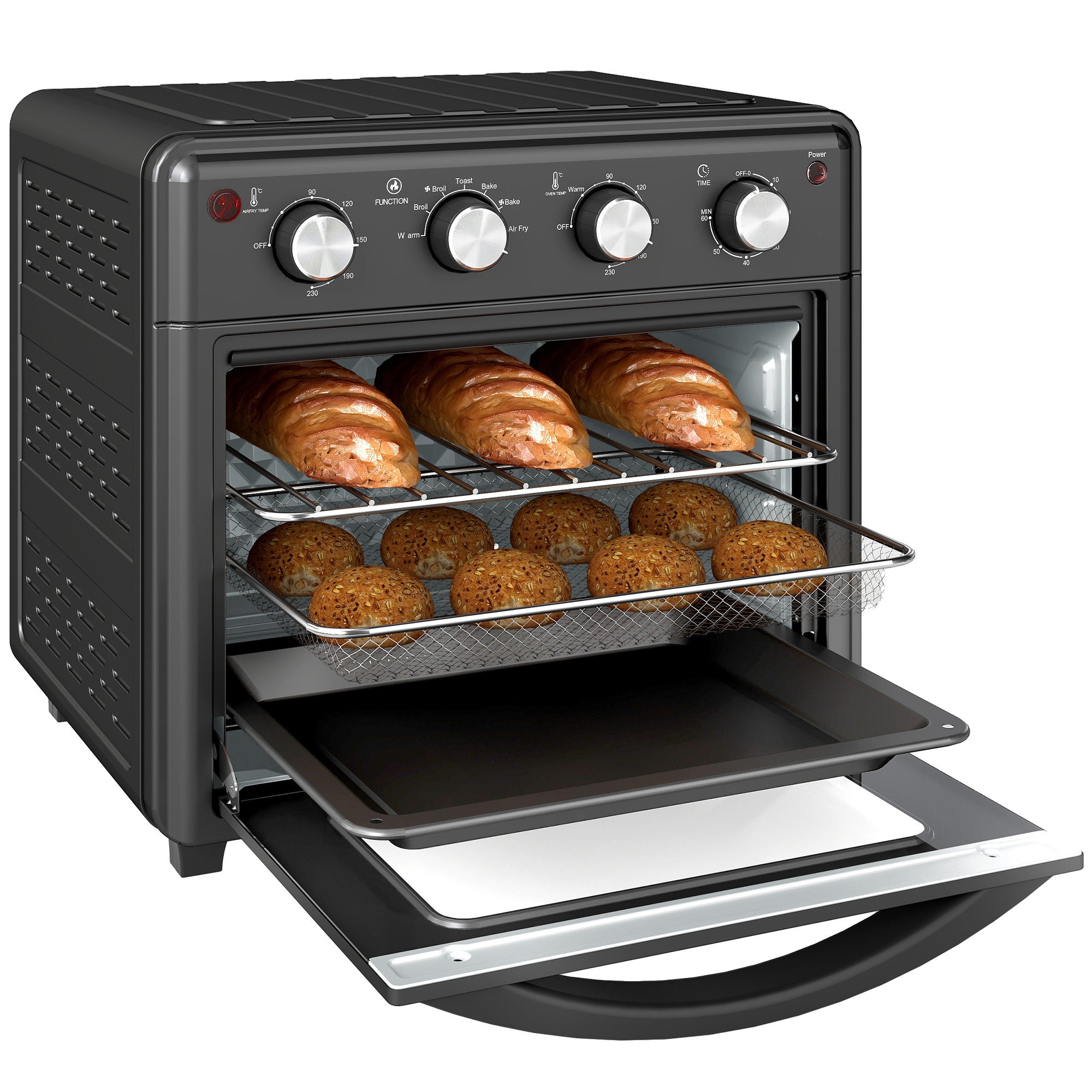 30L 1600W Elektryczny piekarnik blatowy z frytkownicą powietrzną, 7 trybami grzania i timerem, 43x39x39 cm, czarny