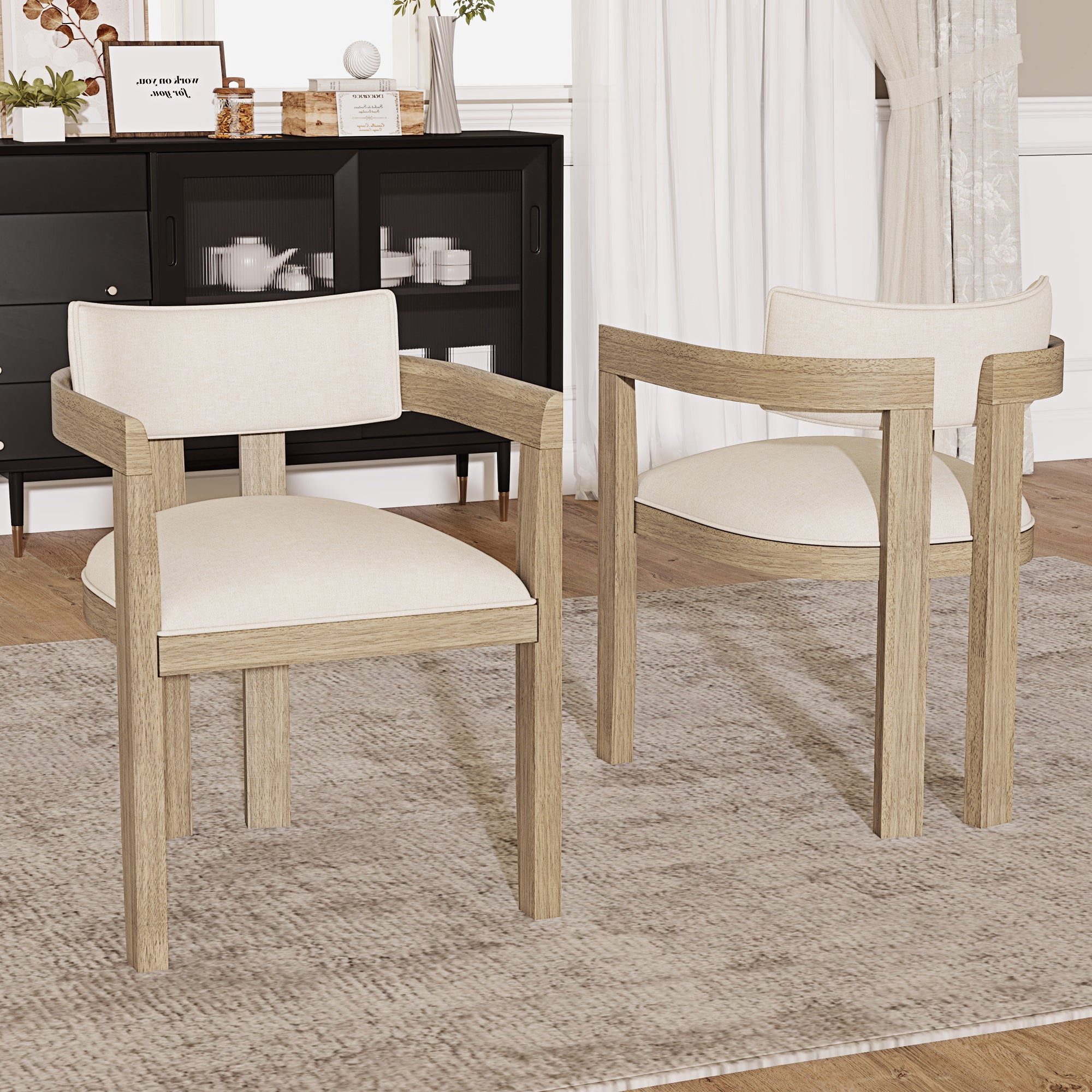 Lot de 2 chaises en bois massif avec accoudoirs - structure en bois massif - revêtement en lin - marron