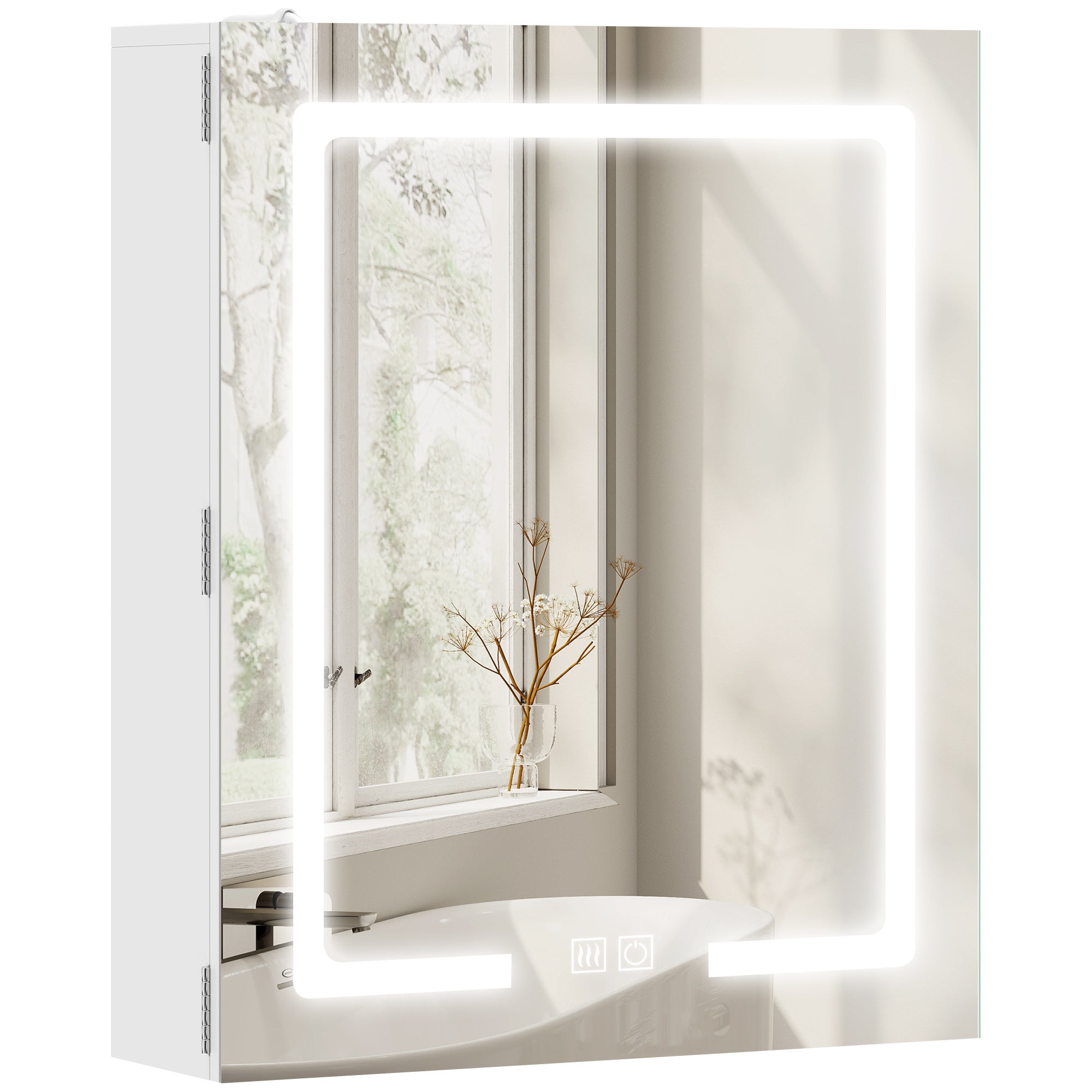Szafka łazienkowa wisząca z lustrem i oświetleniem LED, przeciwmgielna, regulowane półki, 50 x 15 x 60 cm, biała